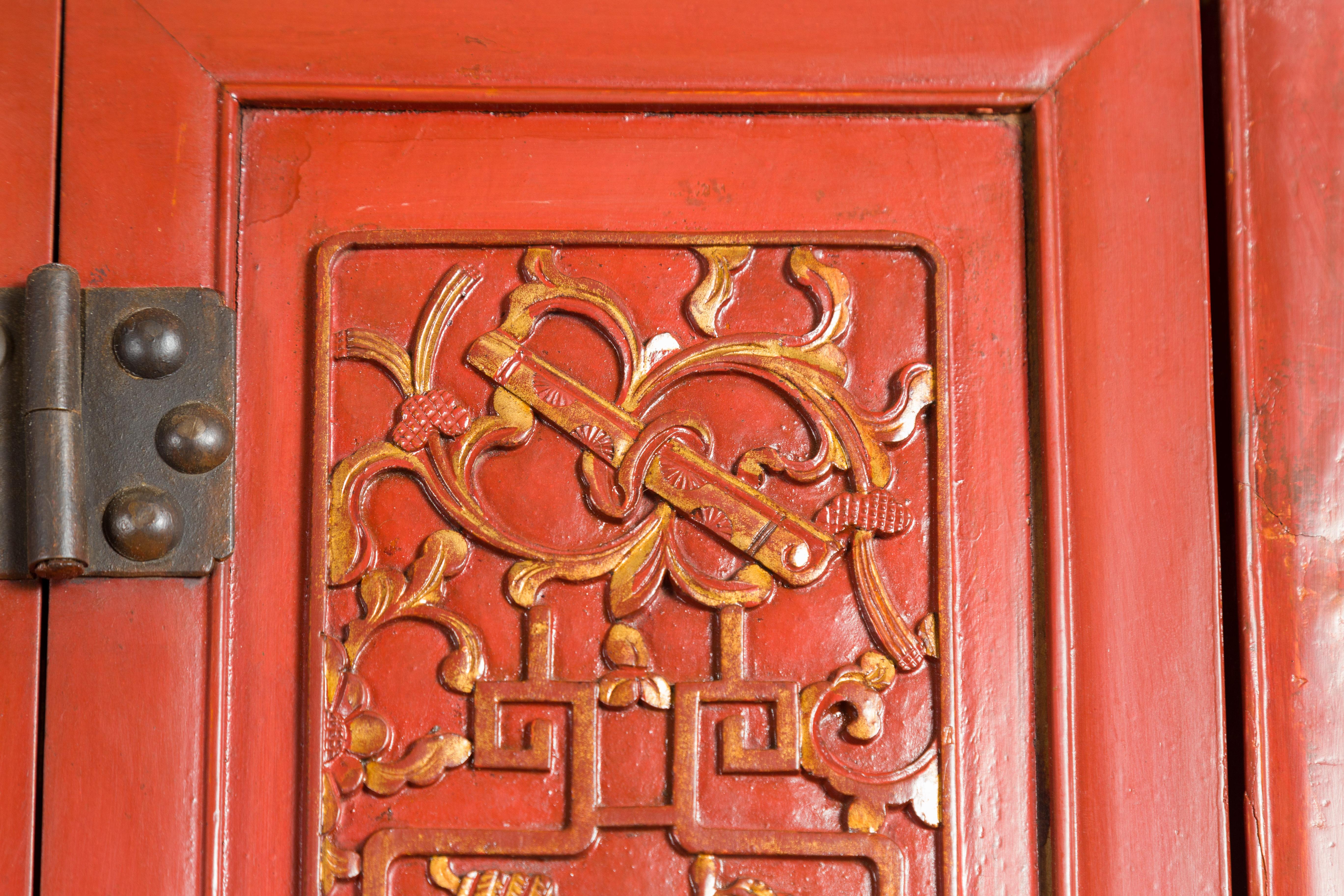 Late Qing Dynasty  Red Lacquer Cabinet with Butterfly Hardware For Sale 6