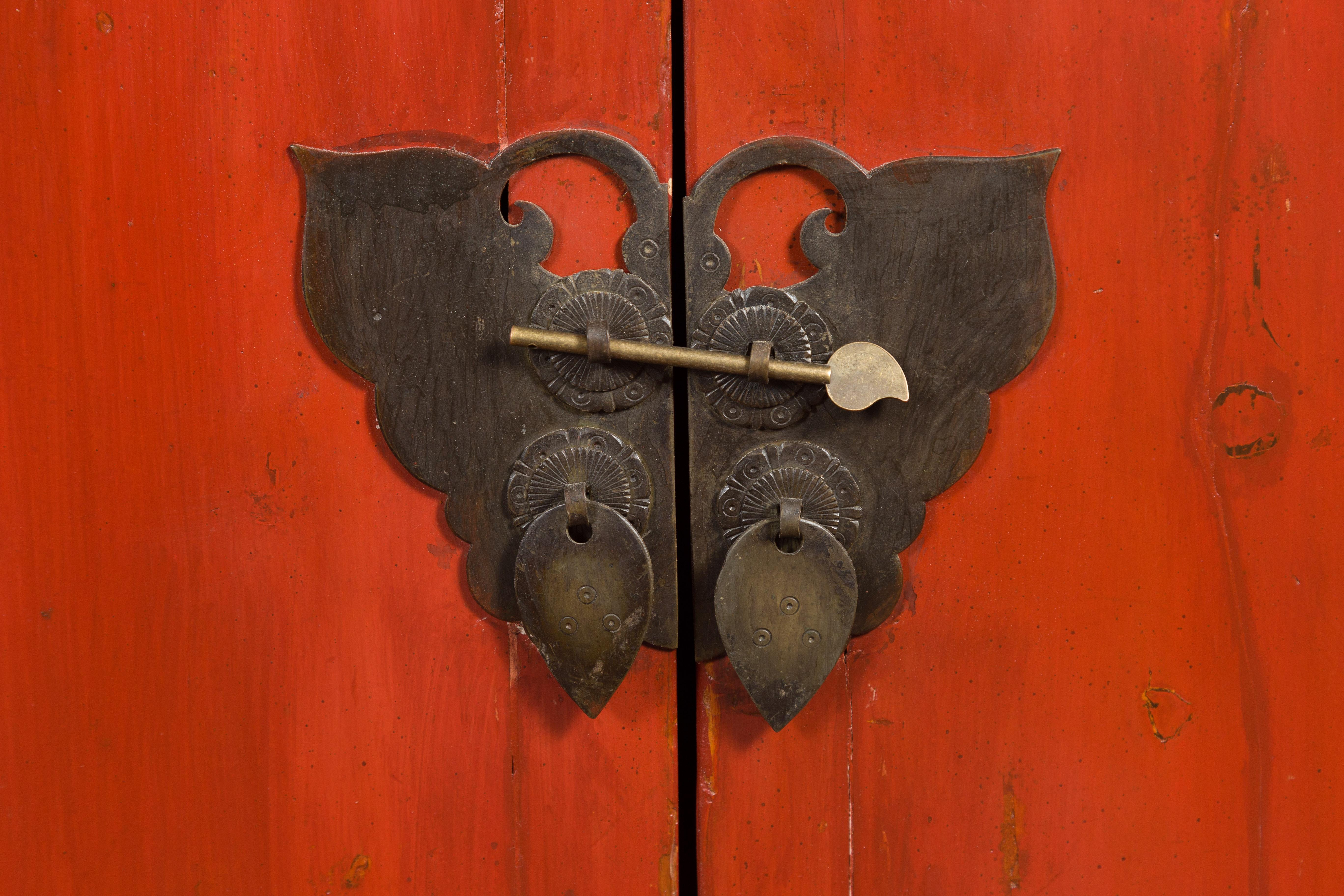 Late Qing Dynasty  Red Lacquer Cabinet with Butterfly Hardware For Sale 7