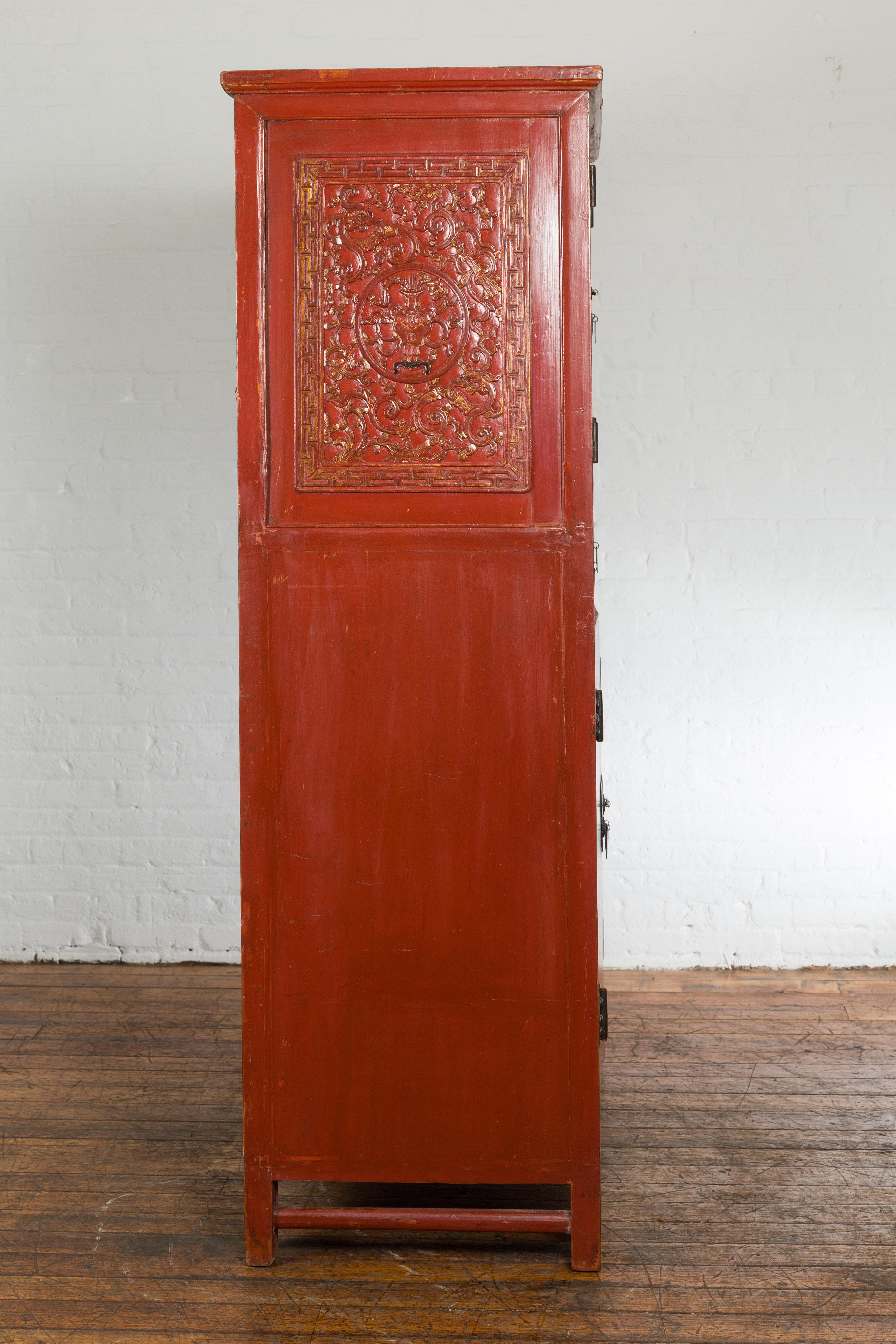 Late Qing Dynasty  Red Lacquer Cabinet with Butterfly Hardware For Sale 9