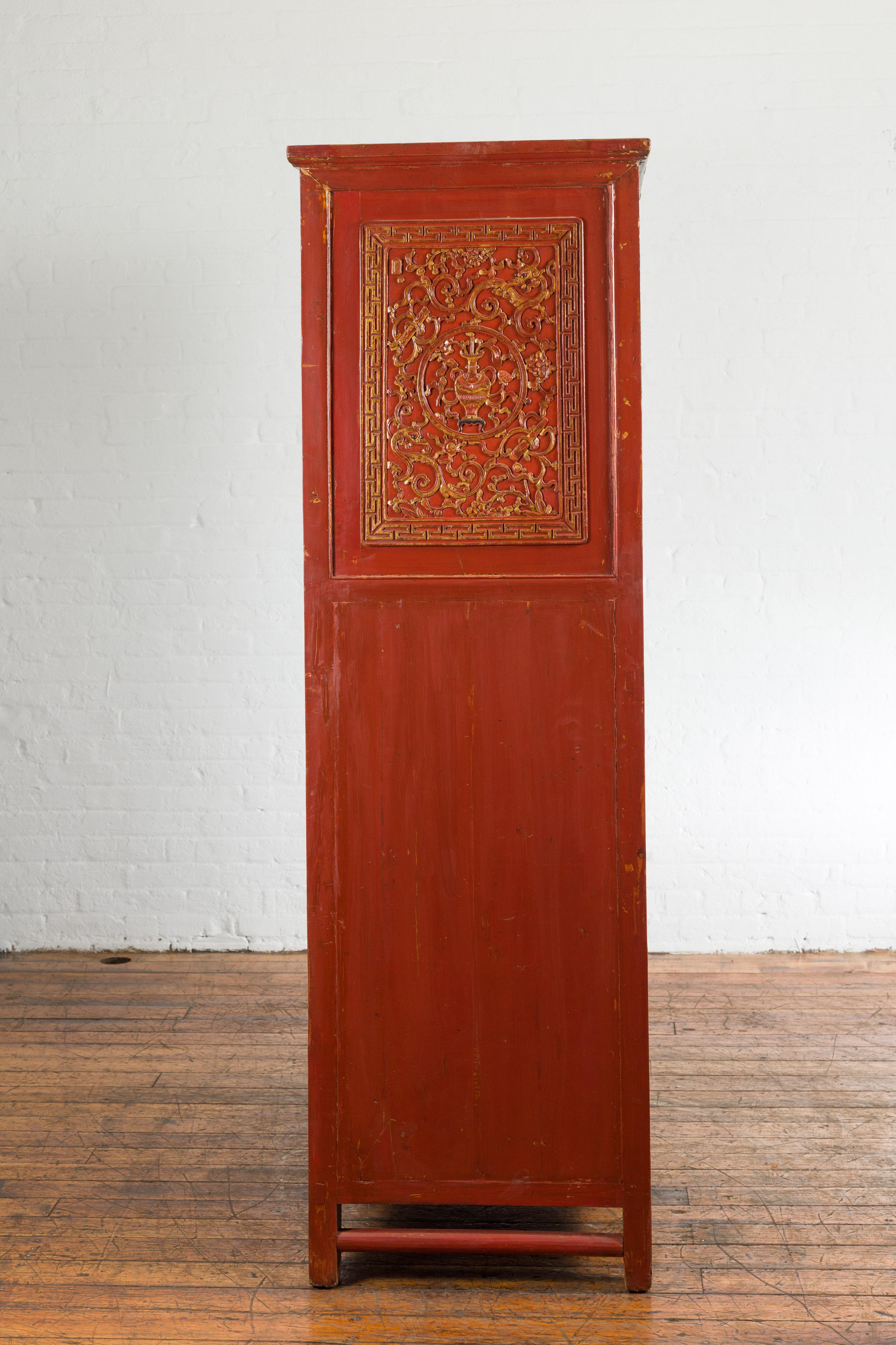 Late Qing Dynasty  Red Lacquer Cabinet with Butterfly Hardware For Sale 12