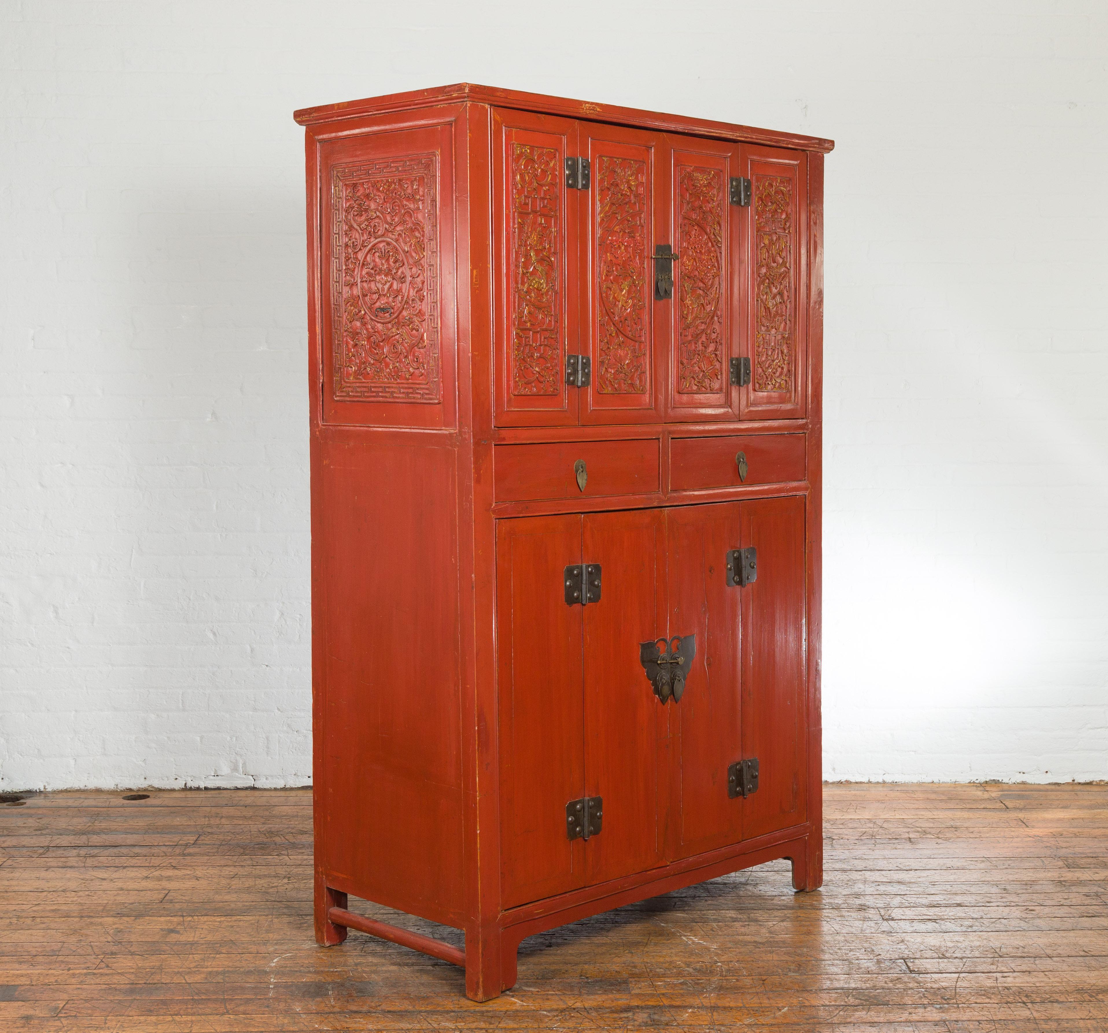 Chinese Late Qing Dynasty  Red Lacquer Cabinet with Butterfly Hardware For Sale