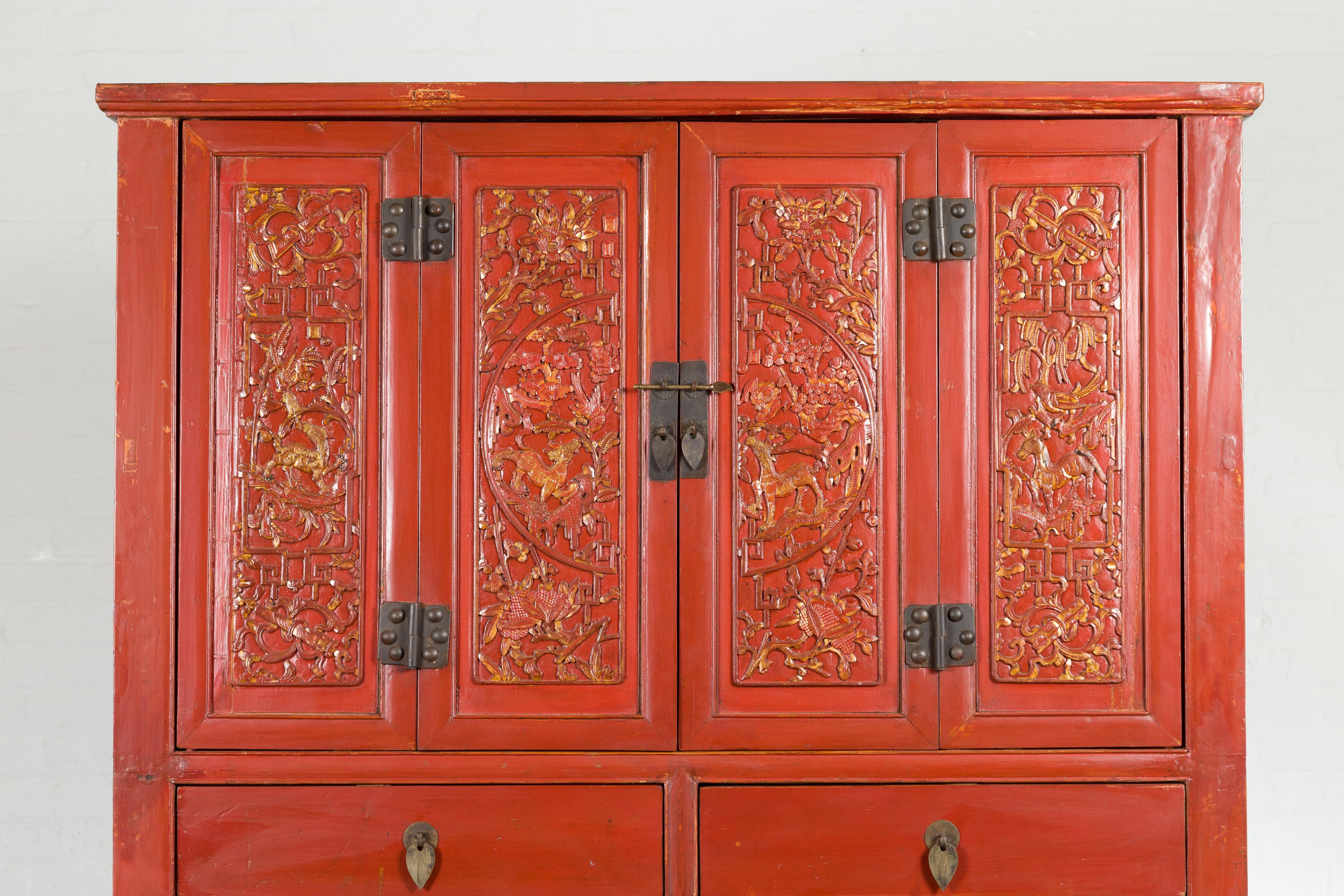 Late Qing Dynasty  Red Lacquer Cabinet with Butterfly Hardware In Good Condition For Sale In Yonkers, NY