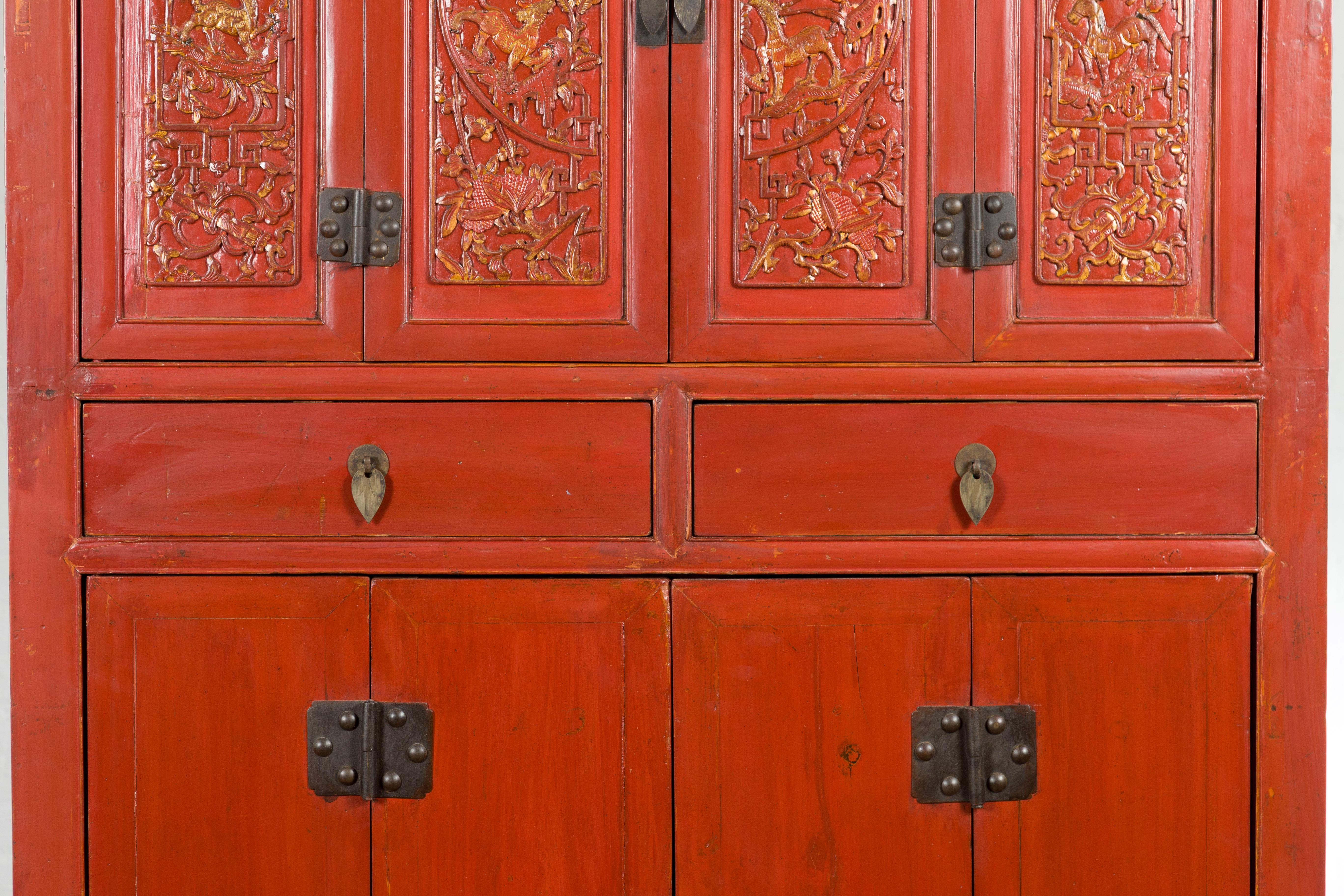 20th Century Late Qing Dynasty  Red Lacquer Cabinet with Butterfly Hardware For Sale
