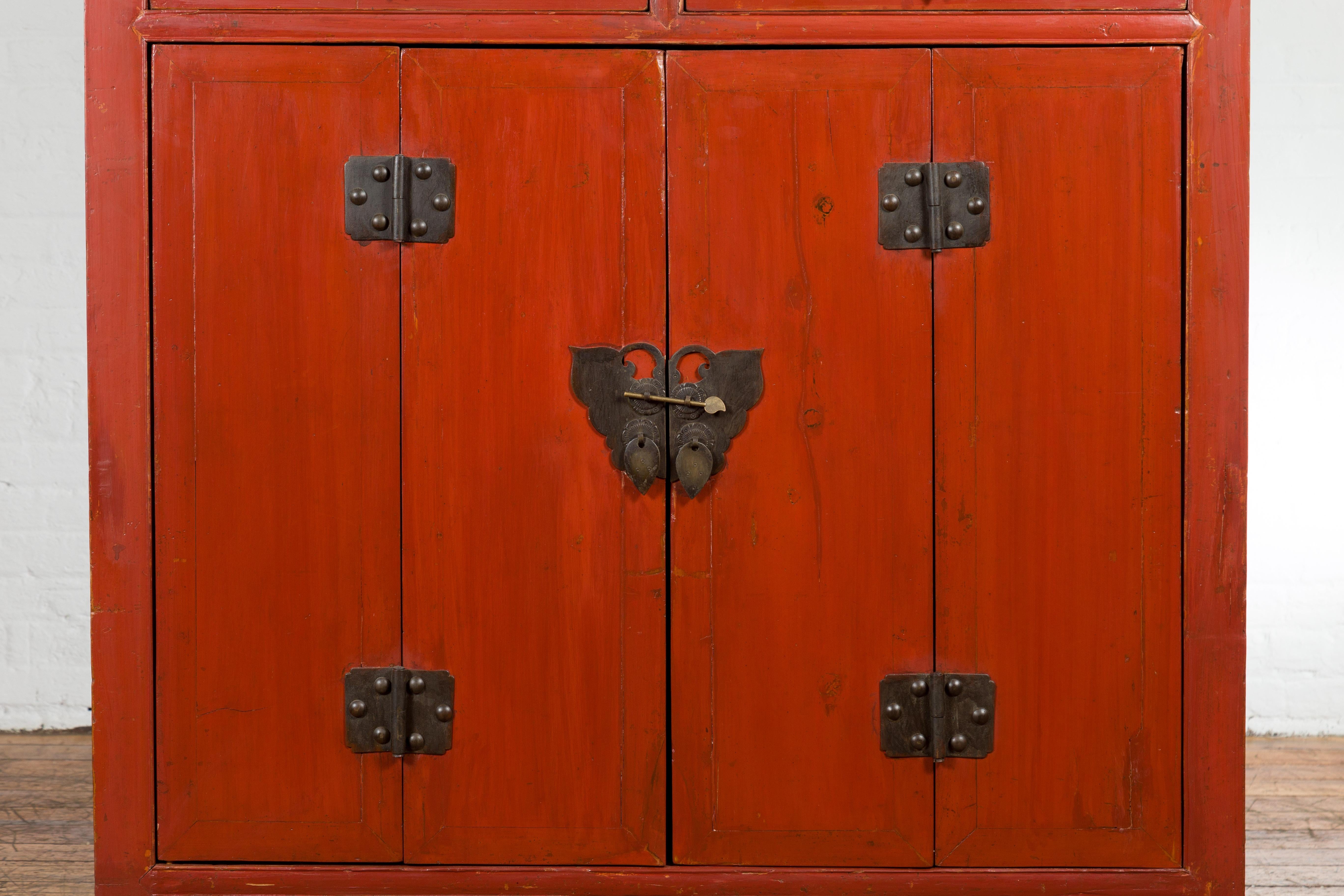 Wood Late Qing Dynasty  Red Lacquer Cabinet with Butterfly Hardware For Sale