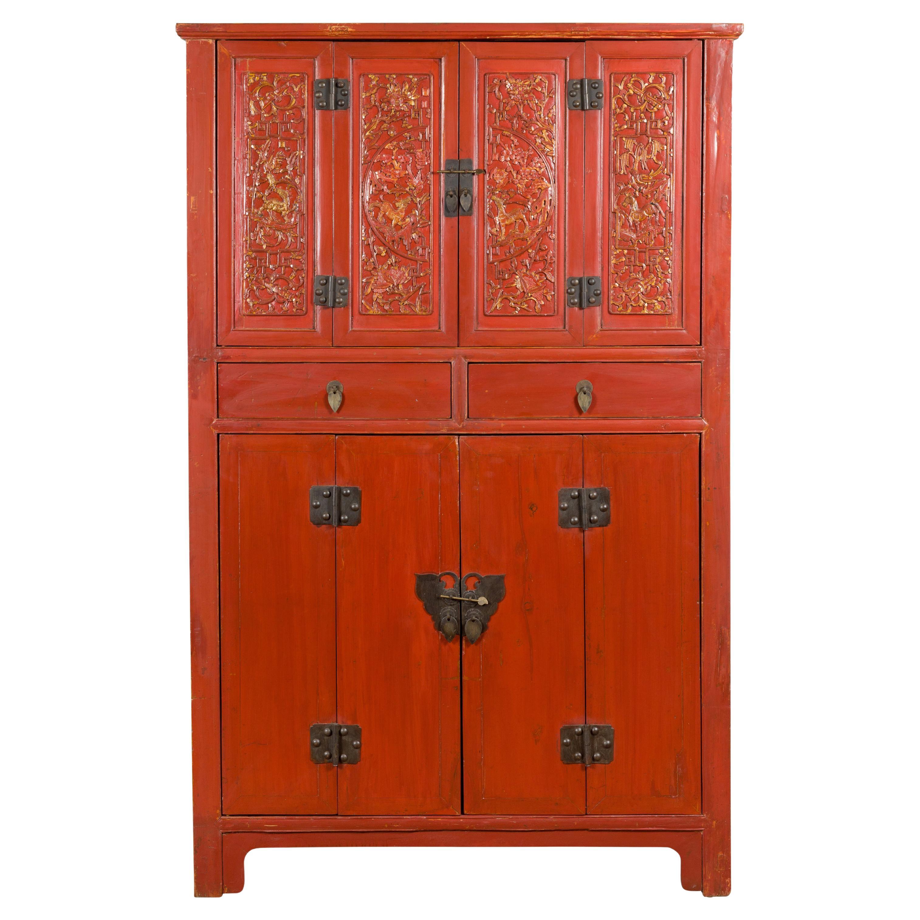 Late Qing Dynasty  Red Lacquer Cabinet with Butterfly Hardware For Sale