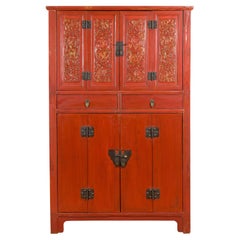 Late Qing Dynasty  Red Lacquer Cabinet with Butterfly Hardware