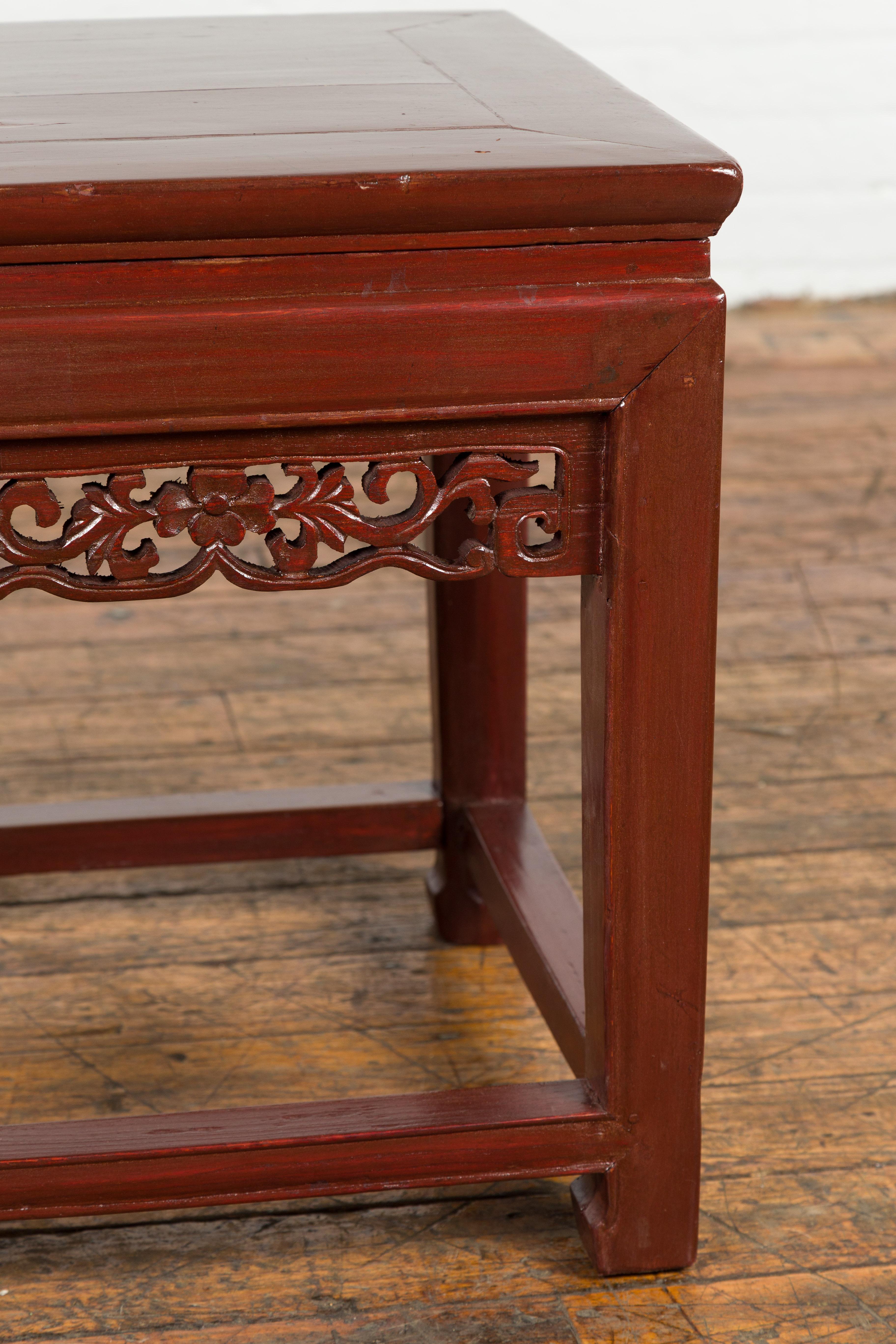 Chinese Late Qing Dynasty Period Red Lacquer Carved Side Table or Stool For Sale 5