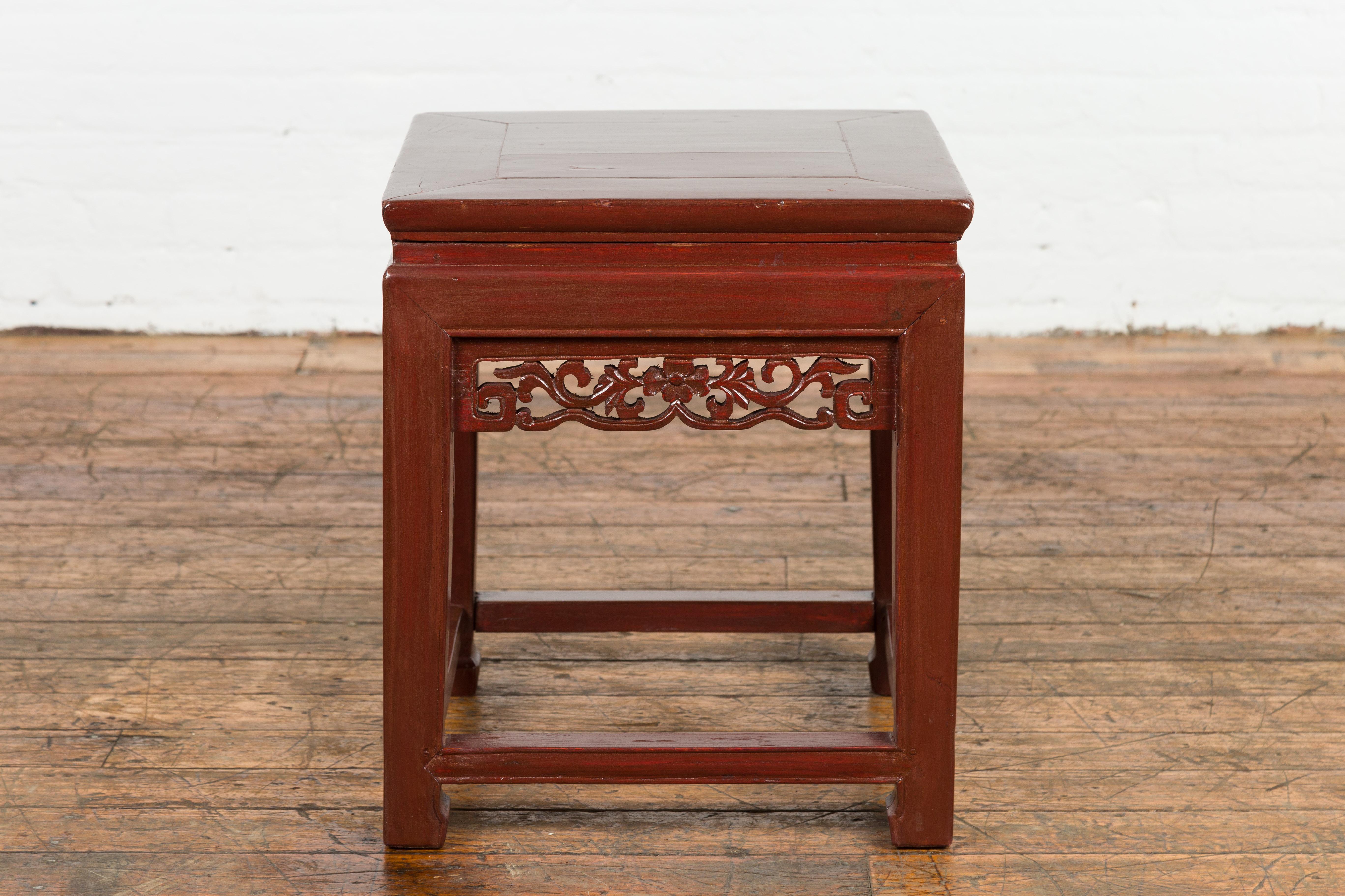 Wood Chinese Late Qing Dynasty Period Red Lacquer Carved Side Table or Stool For Sale