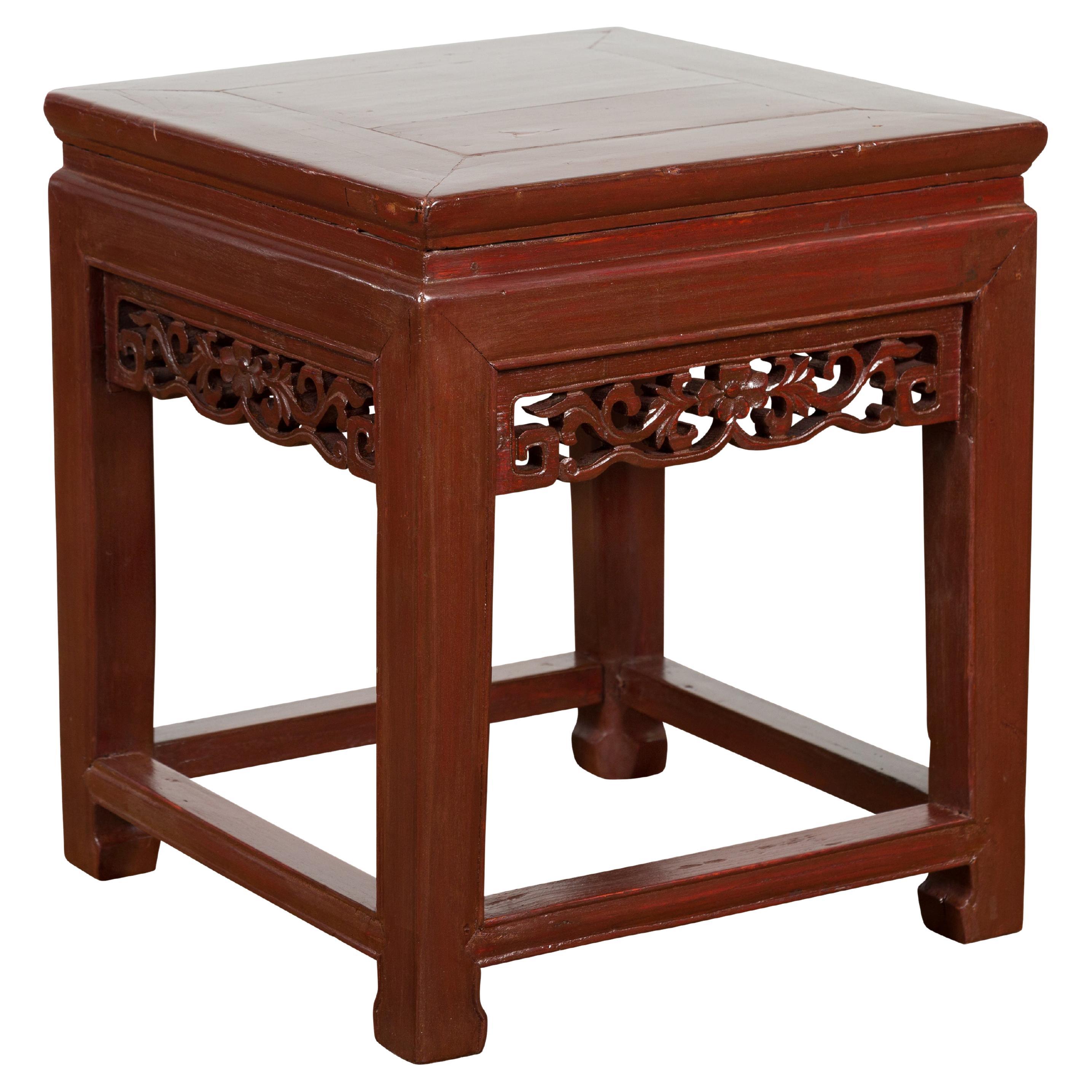 Chinese Late Qing Dynasty Period Red Lacquer Carved Side Table or Stool For Sale