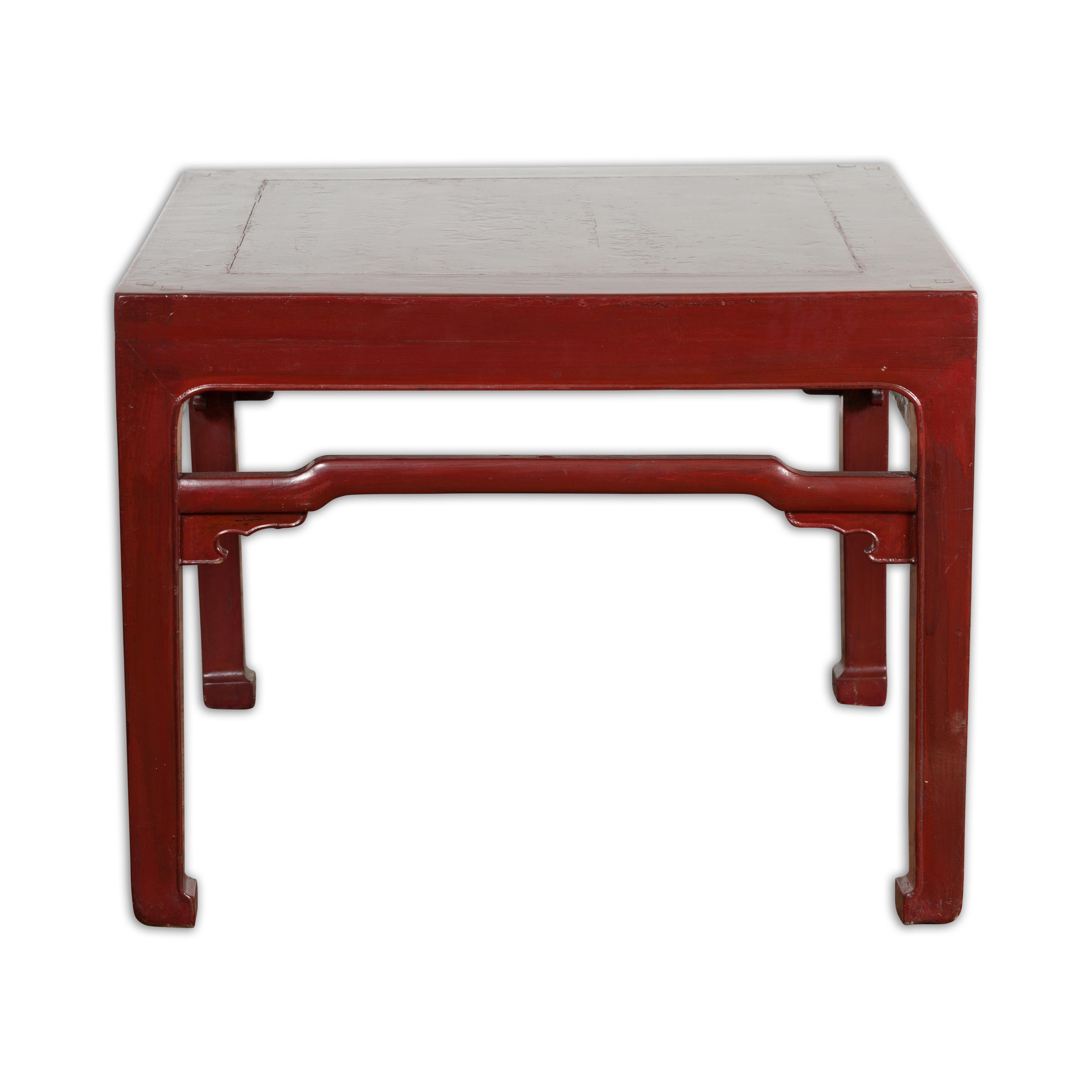 Chinese Late Qing Dynasty Period Red Lacquered Low Table with Horsehoof Feet For Sale 8