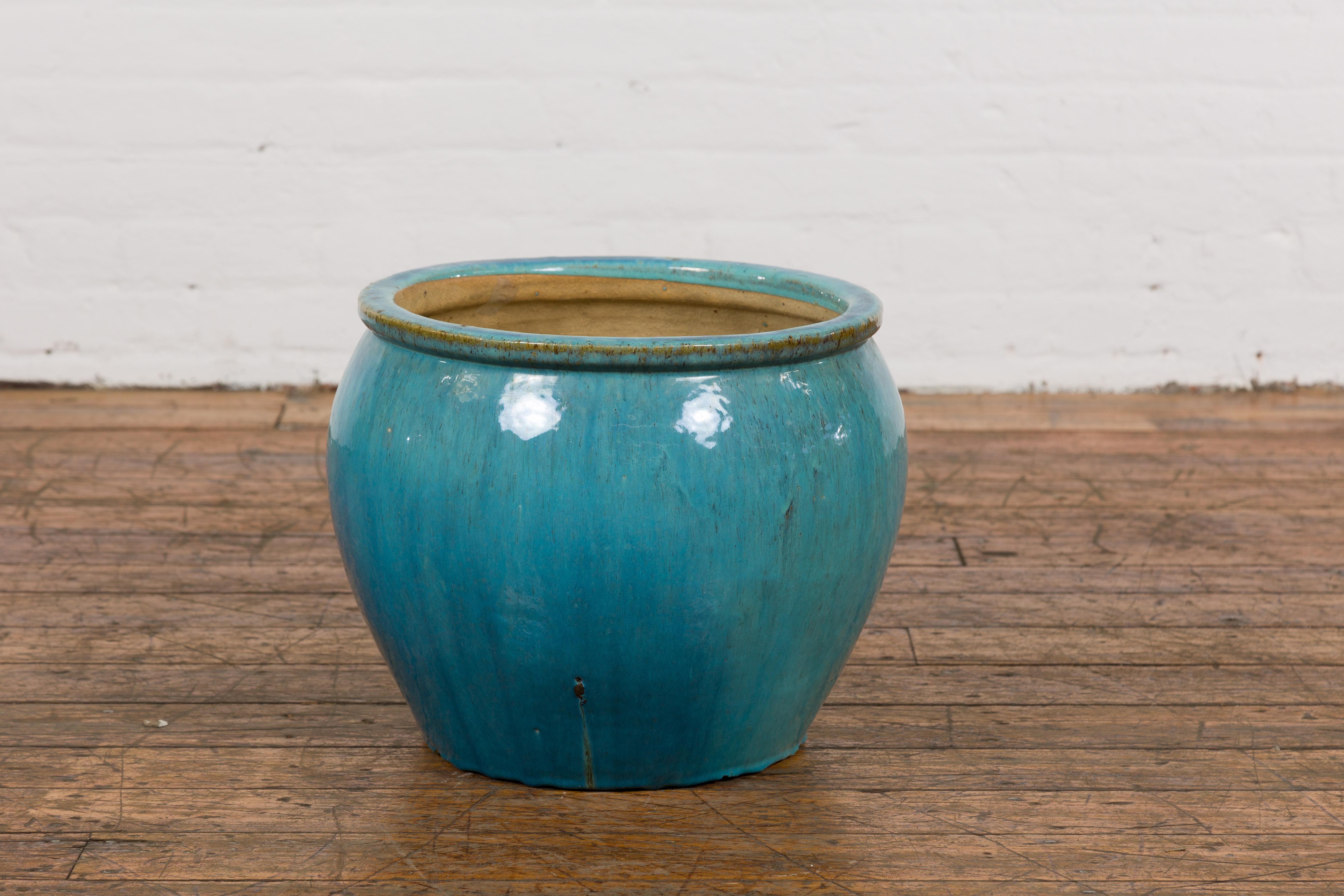 20th Century Chinese Late Qing Dynasty Period South Sea Blue Glazed Ceramic Planter For Sale