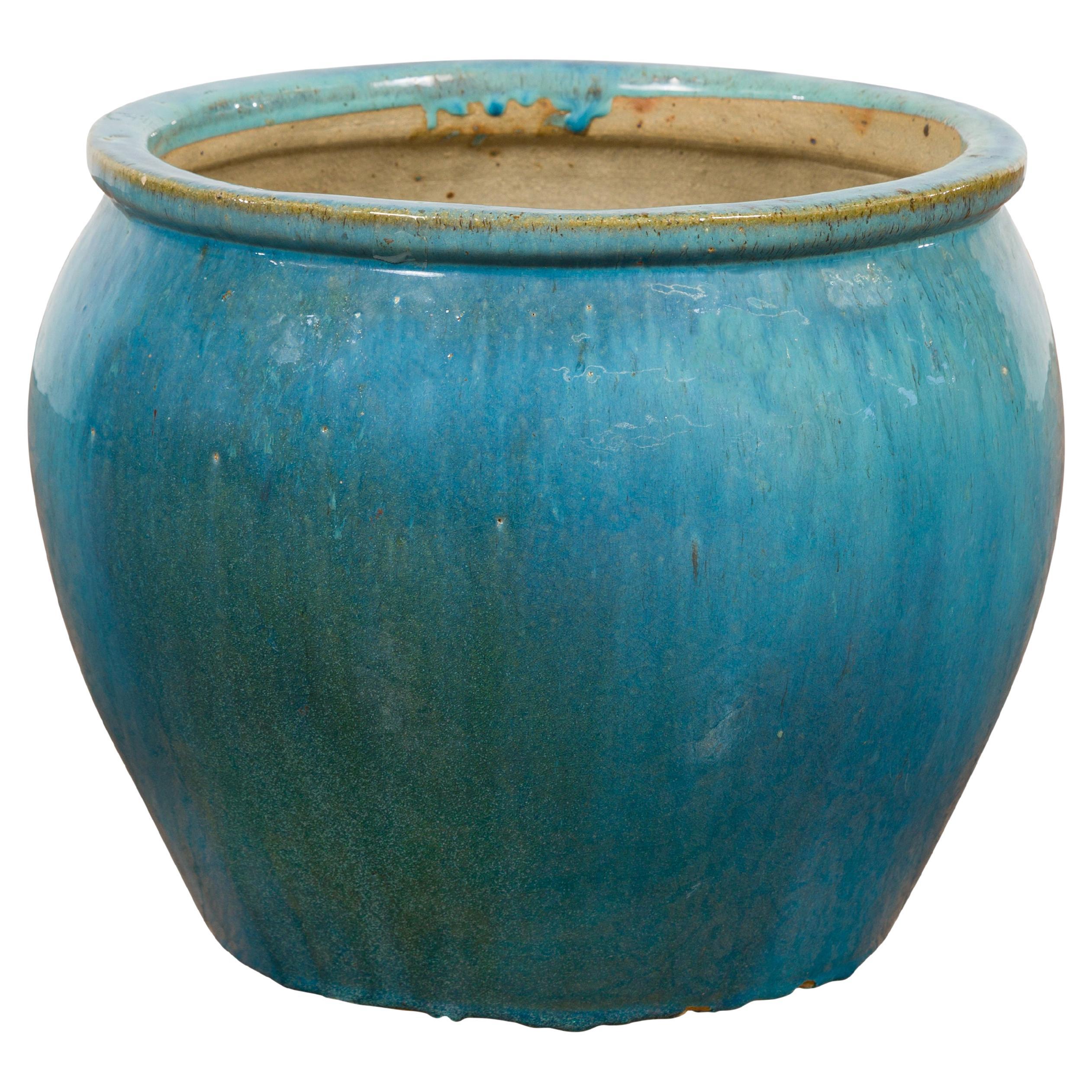 Chinesisches blau glasiertes Pflanzgefäß aus Keramik aus der späten Qing-Dynastie