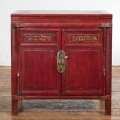 Late Qing Dynasty Red Lacquer Bedside Cabinet with Carved Décor