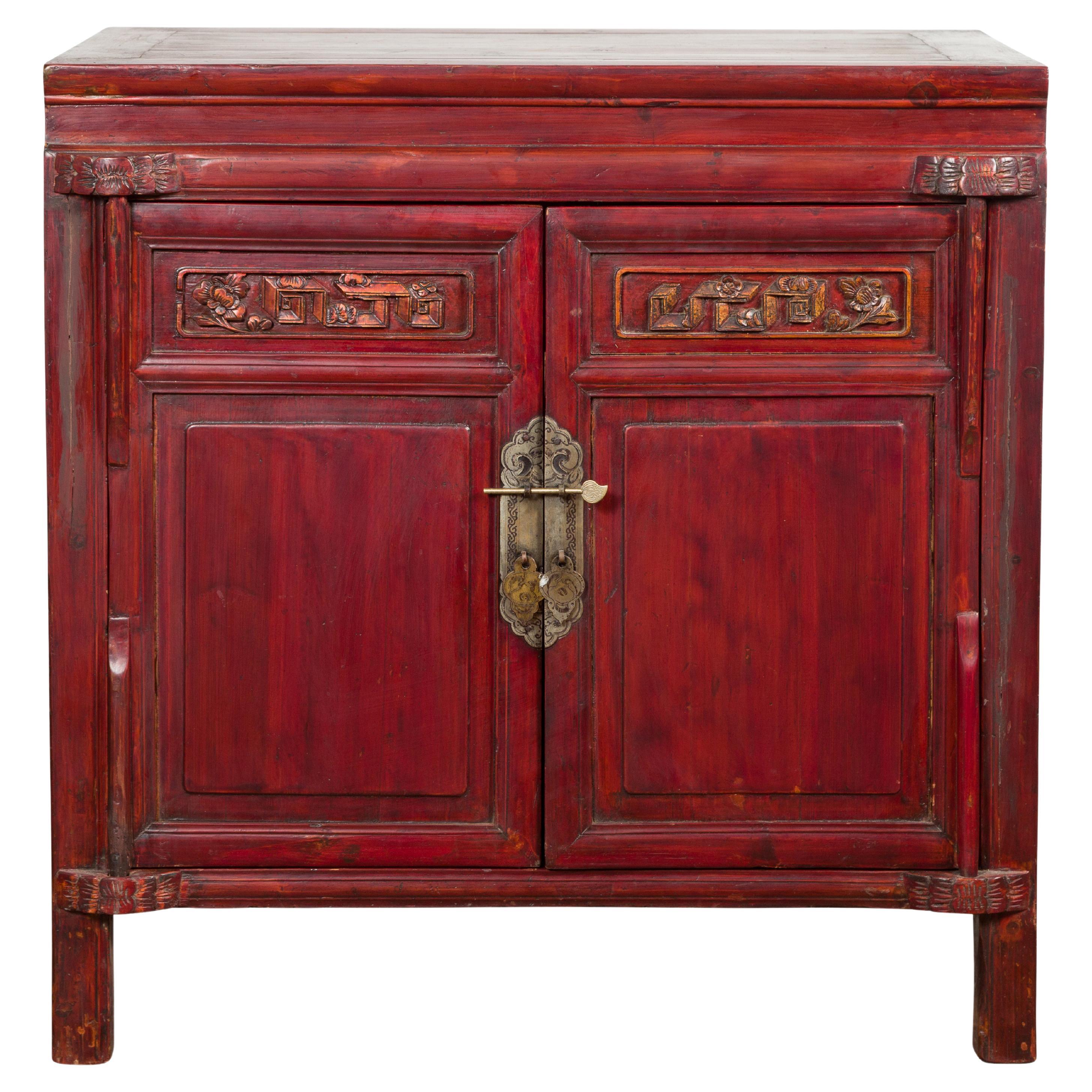 Chinese Late Qing Dynasty Red Lacquer Bedside Cabinet with Carved Décor