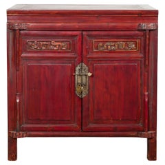 Antique Chinese Late Qing Dynasty Red Lacquer Bedside Cabinet with Carved Décor