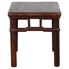 Antique Chinese Late Qing Dynasty Side Table with Humpback Stretchers and Dark Finish