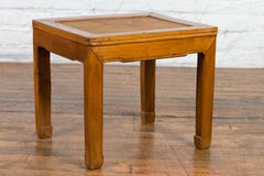 Chinese Late Qing Dynasty Side Table with Woven Rattan Top and Horse Hoof Feet