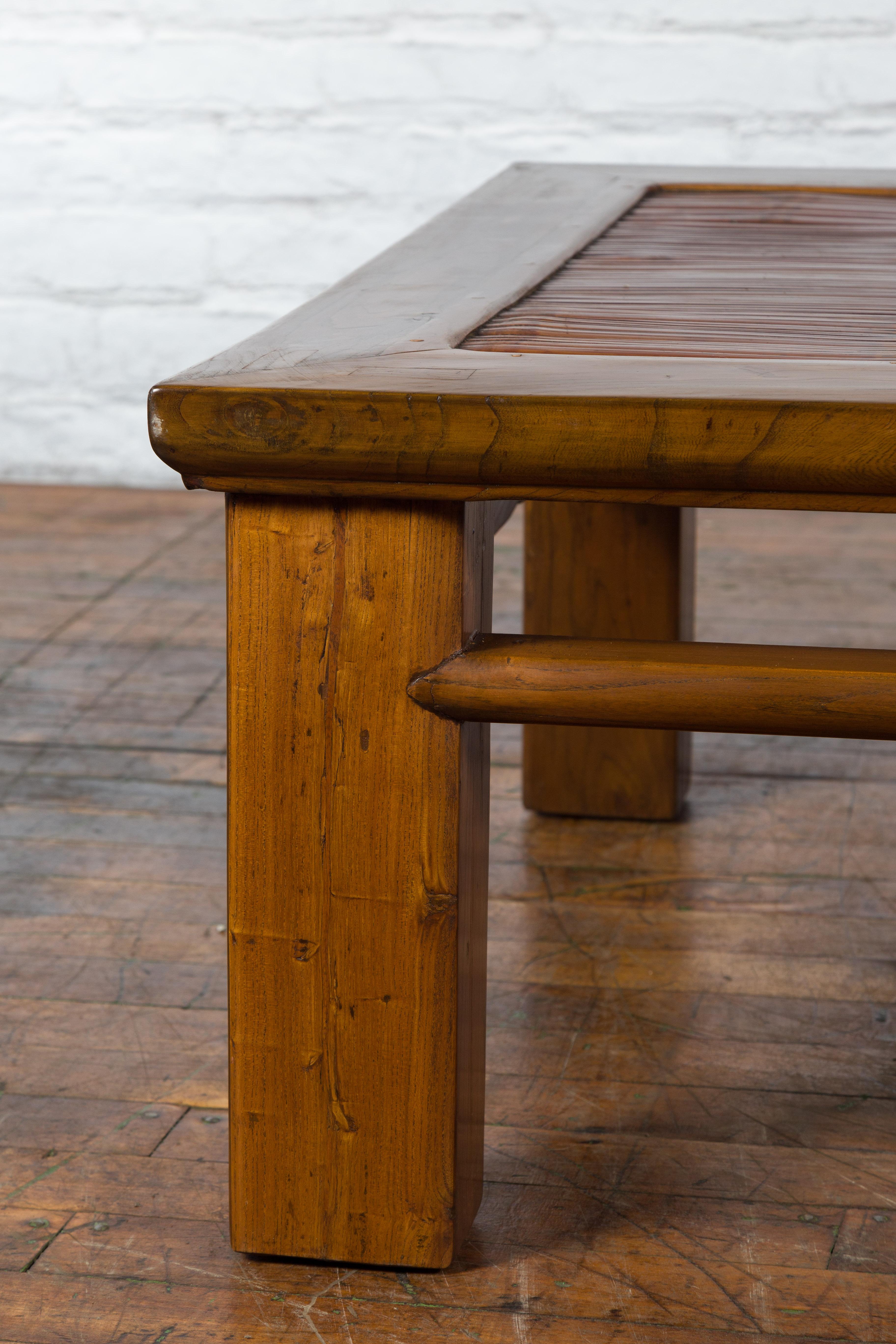 20th Century Late Qing Dynasty Wooden Coffee Table with Bamboo Top and Open Apron