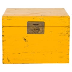 Antique Late Qing Dynasty Yellow Lacquered Blanket Chest with Brass Hardware