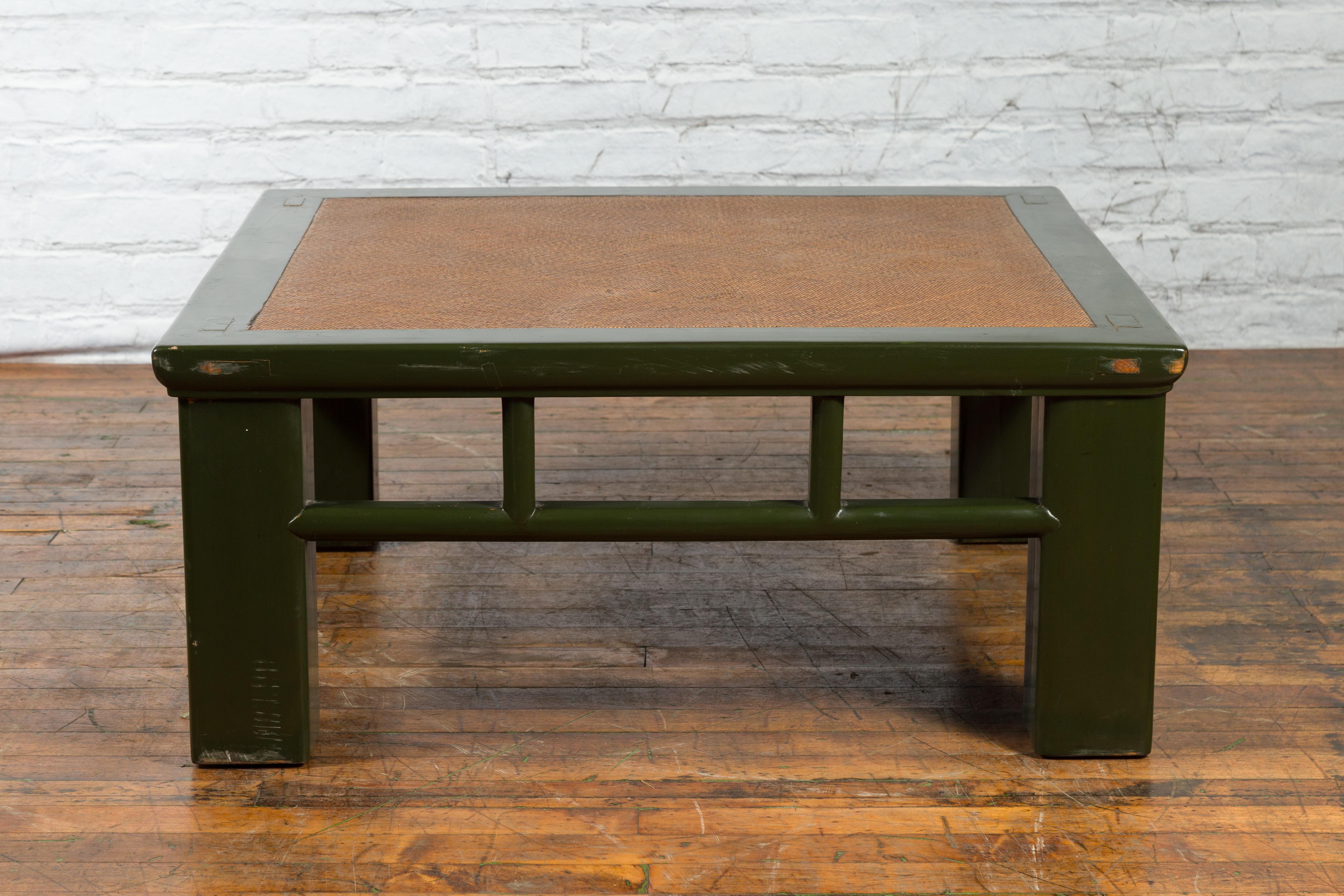 Lacquered Chinese Late Qing Green Lacquer Coffee Table with Straight Legs and Rattan Top