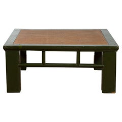 Chinese Late Qing Green Lacquer Coffee Table with Straight Legs and Rattan Top