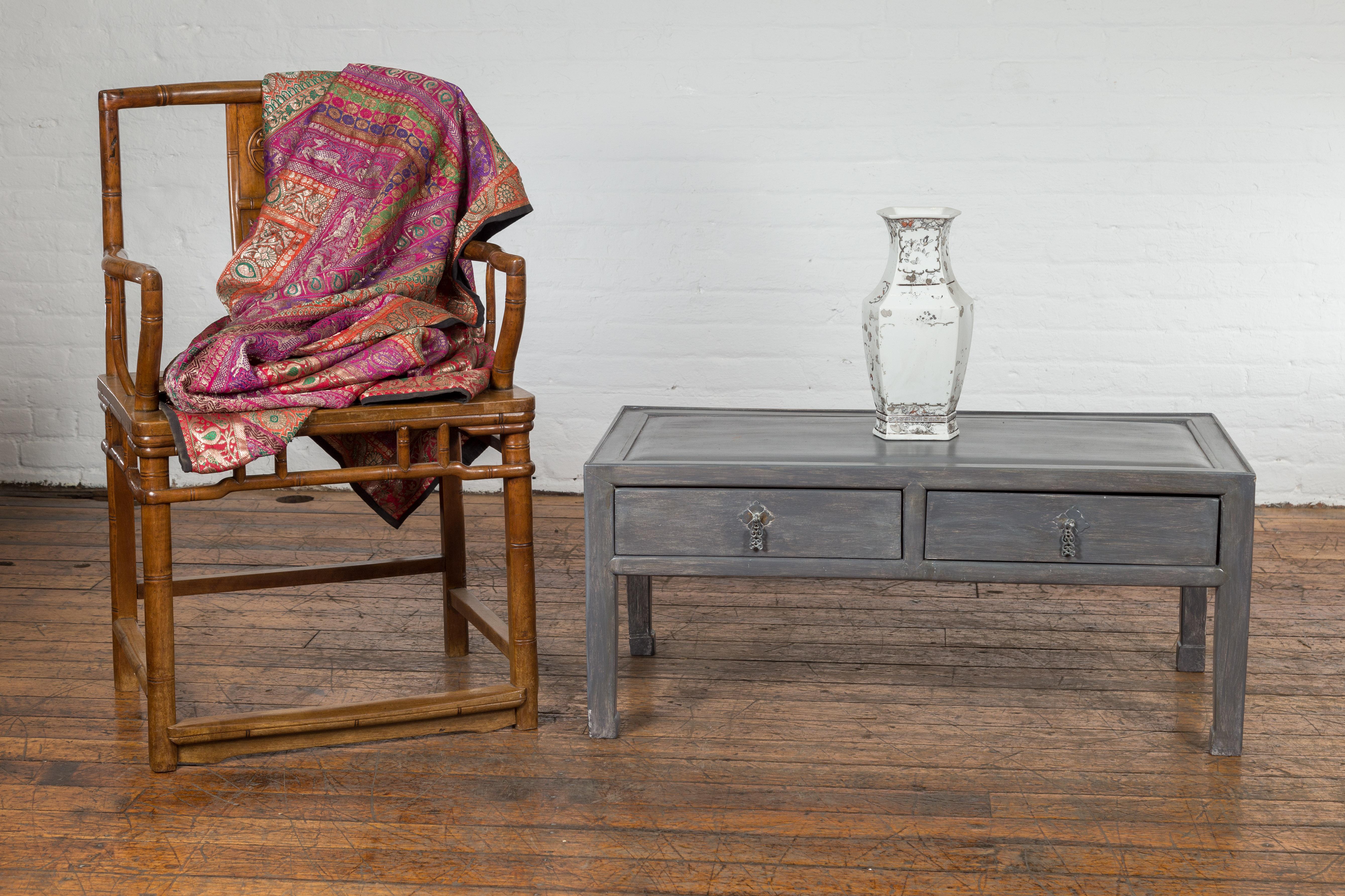 Carved Chinese Late Qing Low Table with Two Drawers and Custom Grey Silver Lacquer For Sale