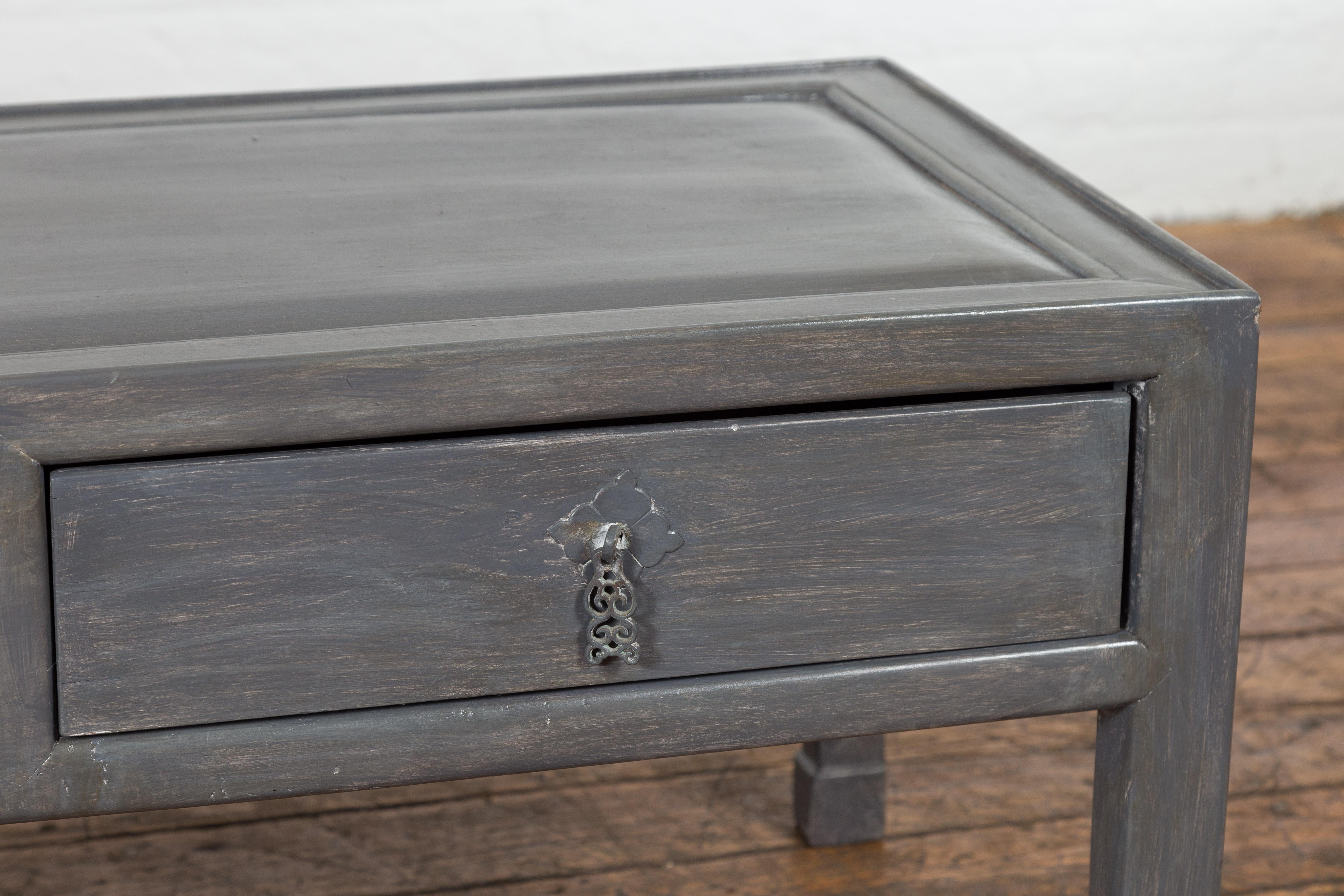 Wood Chinese Late Qing Low Table with Two Drawers and Custom Grey Silver Lacquer For Sale