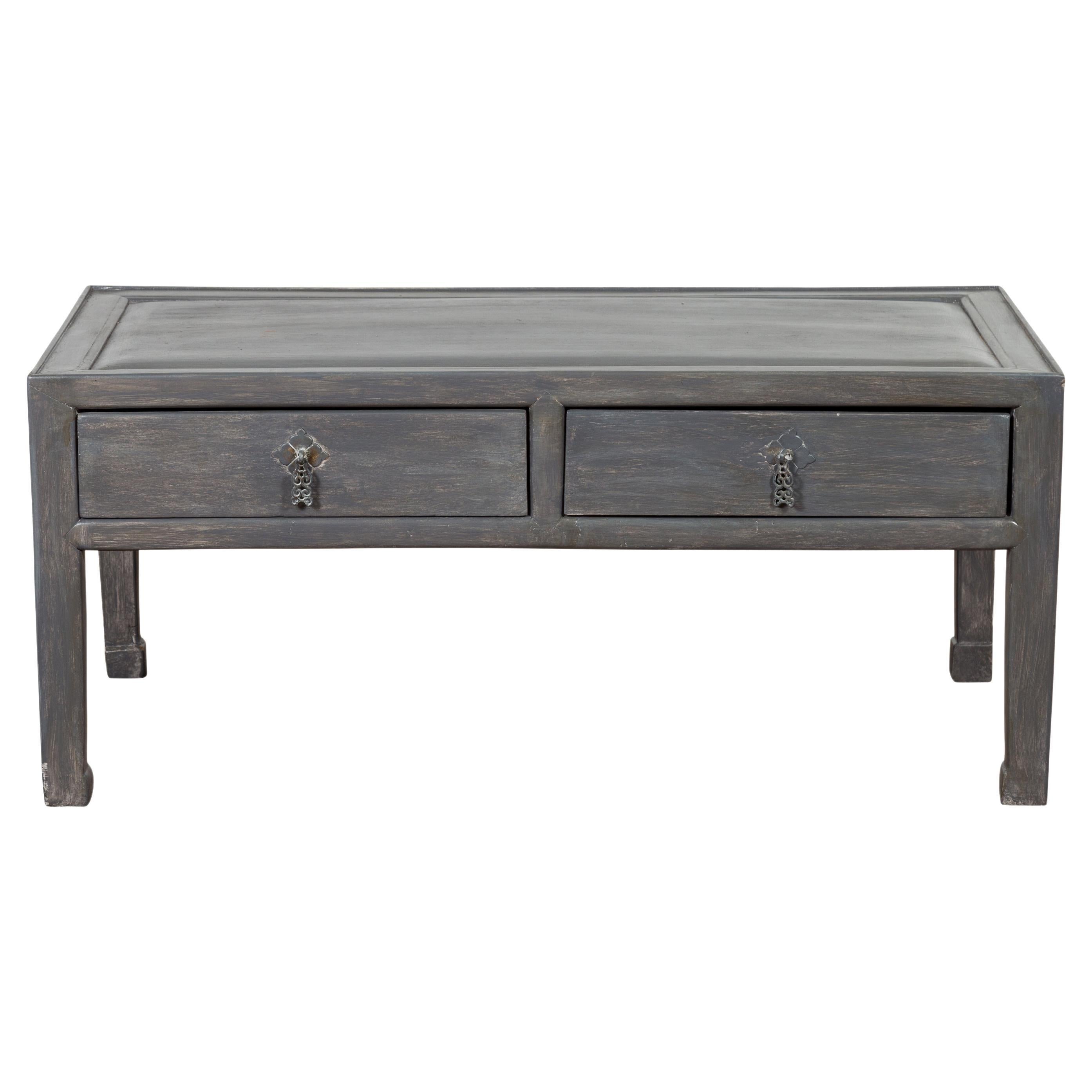 Chinese Late Qing Low Table with Two Drawers and Custom Grey Silver Lacquer
