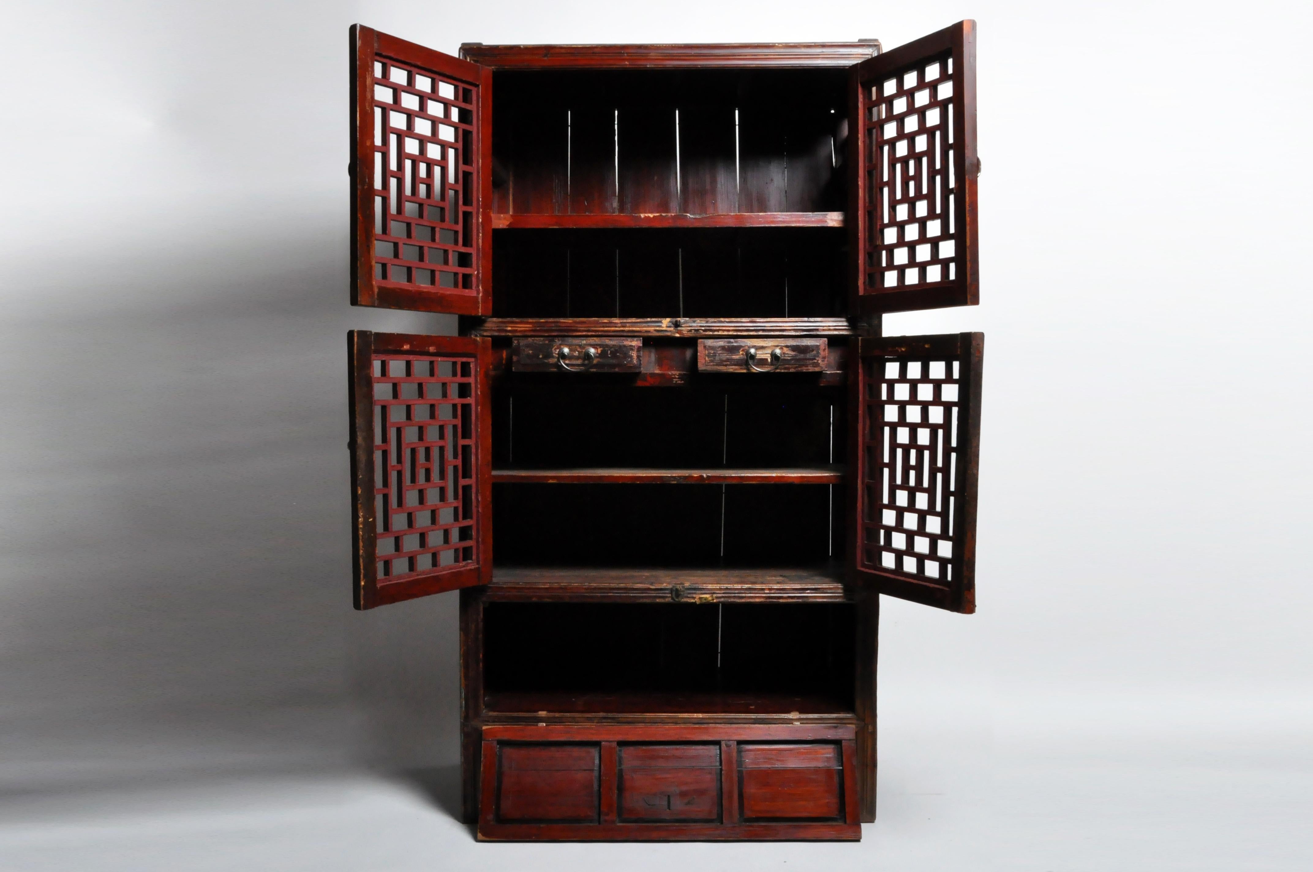 Lacquer Chinese Lattice Cabinet with Original Patina