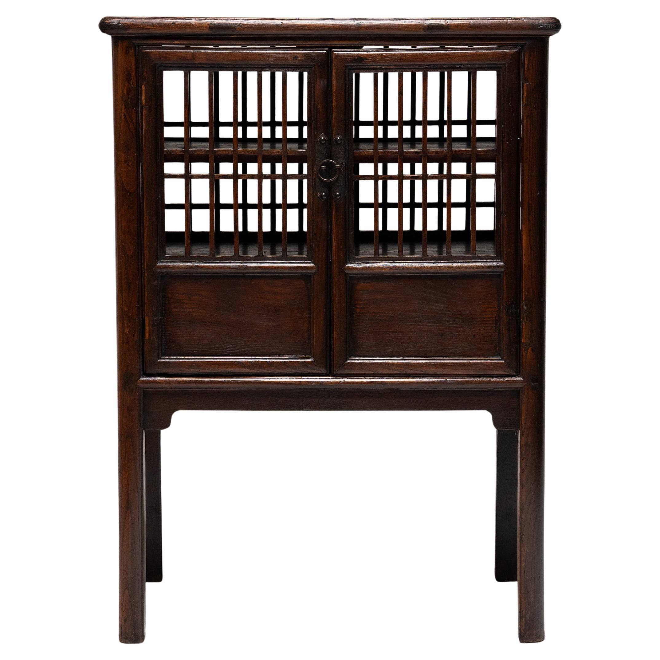 Chinese Lattice Catbox Cabinet, c. 1850 For Sale