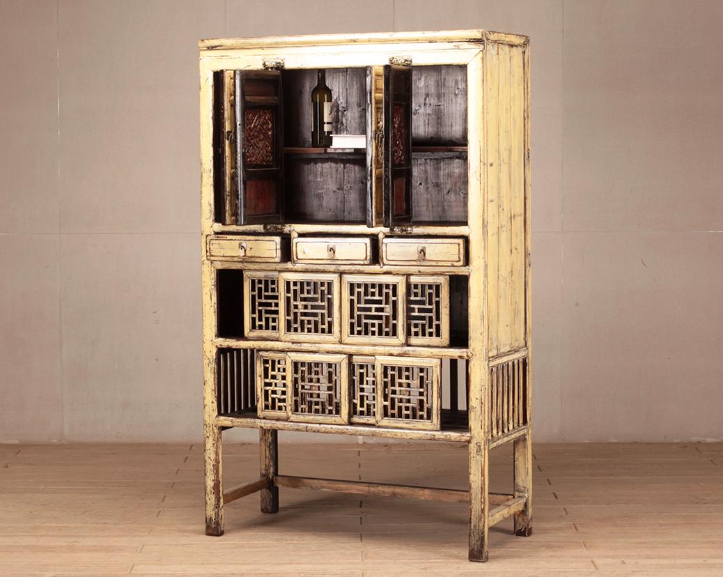 19th Century Chinese Lattice Kitchen Cabinet with Original Patina