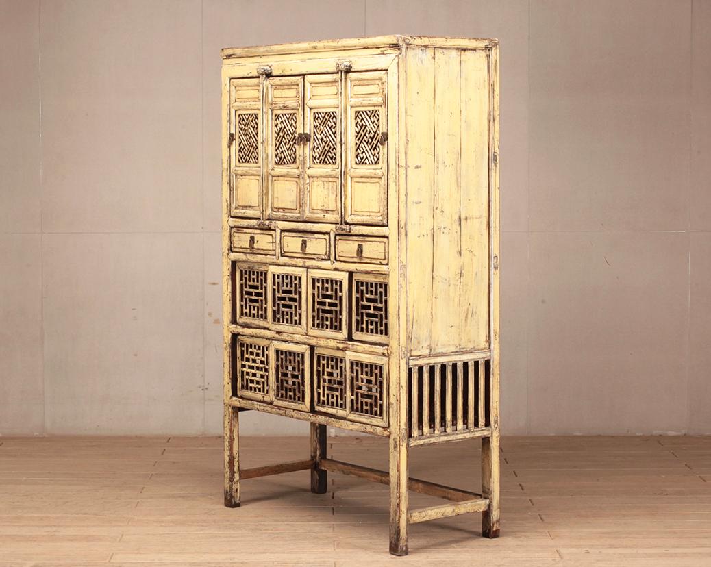 Reclaimed Wood Chinese Lattice Kitchen Cabinet with Original Patina