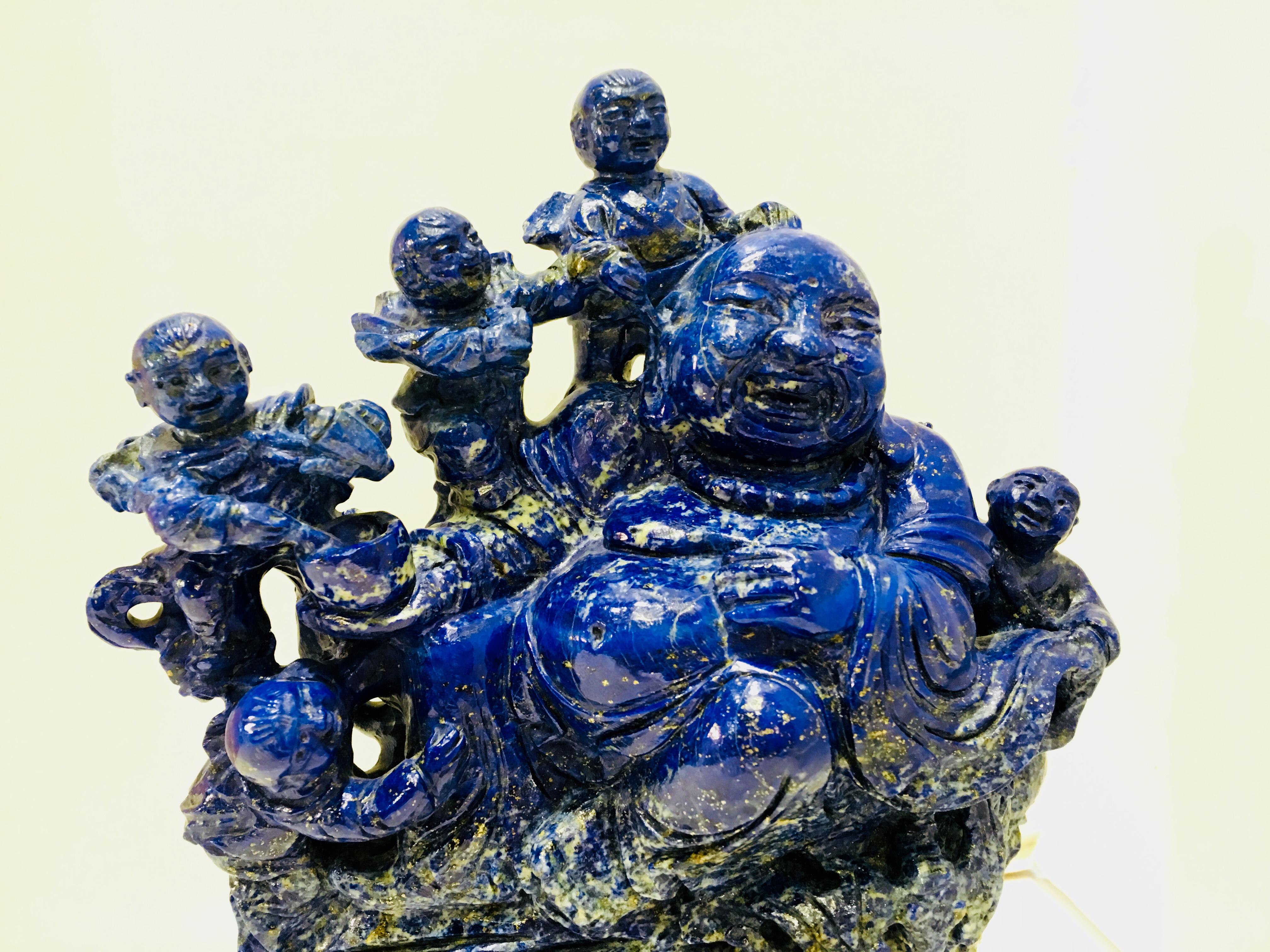 Chinese Export Chinese Laughing Buddha and His Five Children Carved Lapis Lazuli Statue