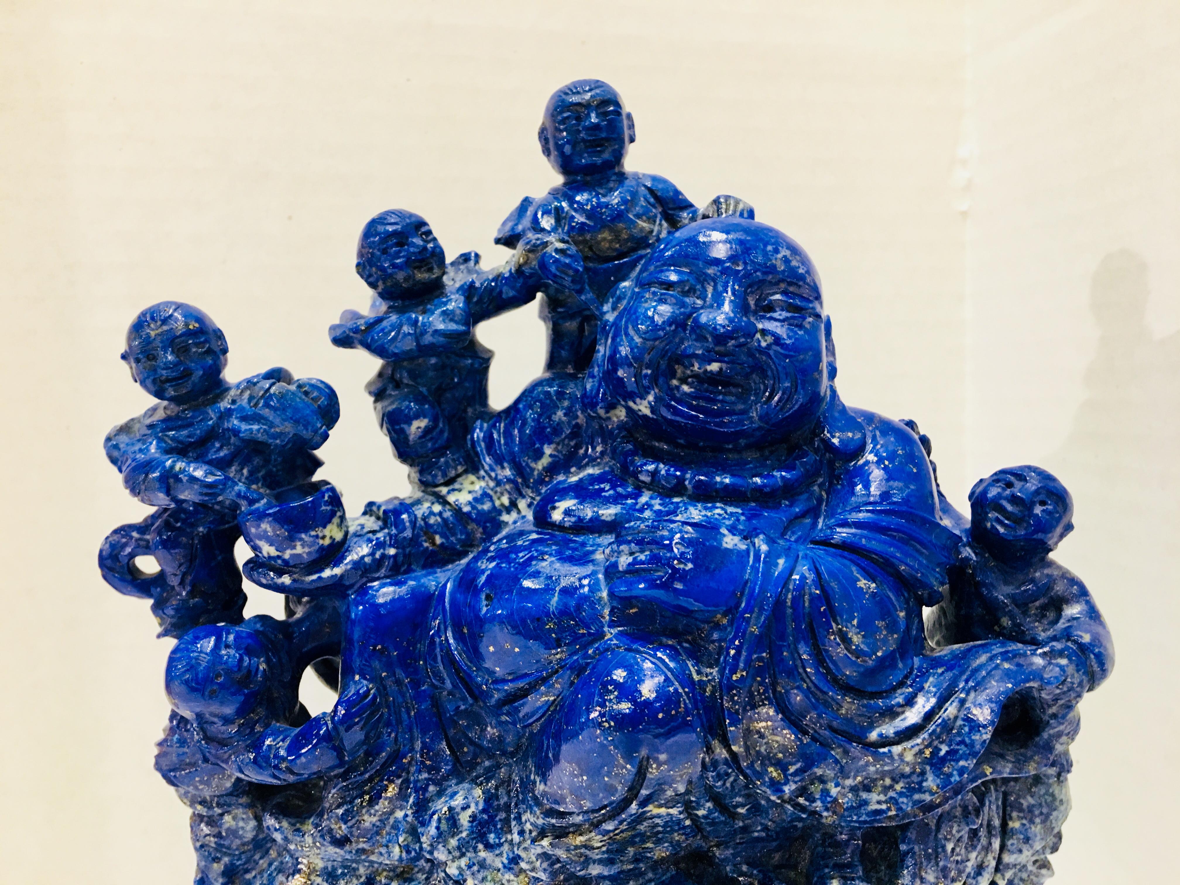 Chinese Laughing Buddha and His Five Children Carved Lapis Lazuli Statue In Excellent Condition In Tustin, CA