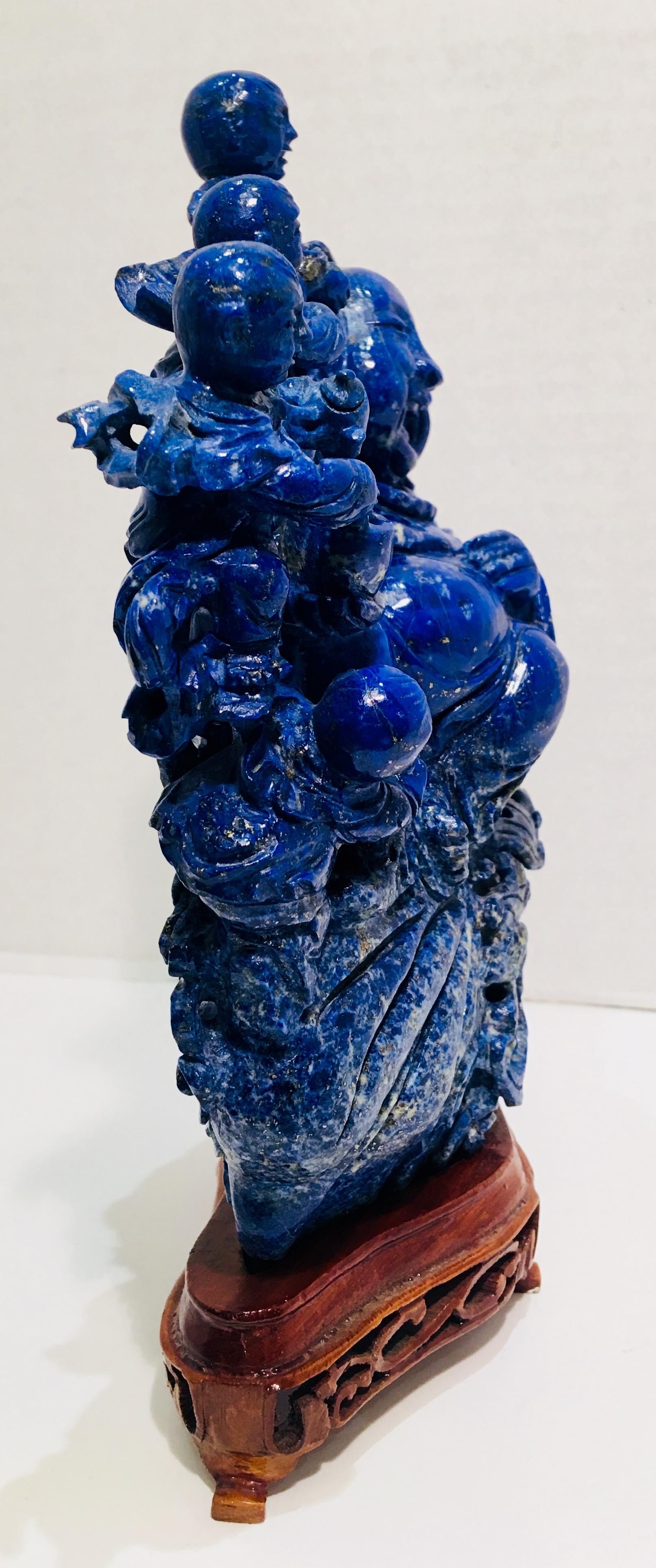 Chinese Laughing Buddha and His Five Children Carved Lapis Lazuli Statue 1