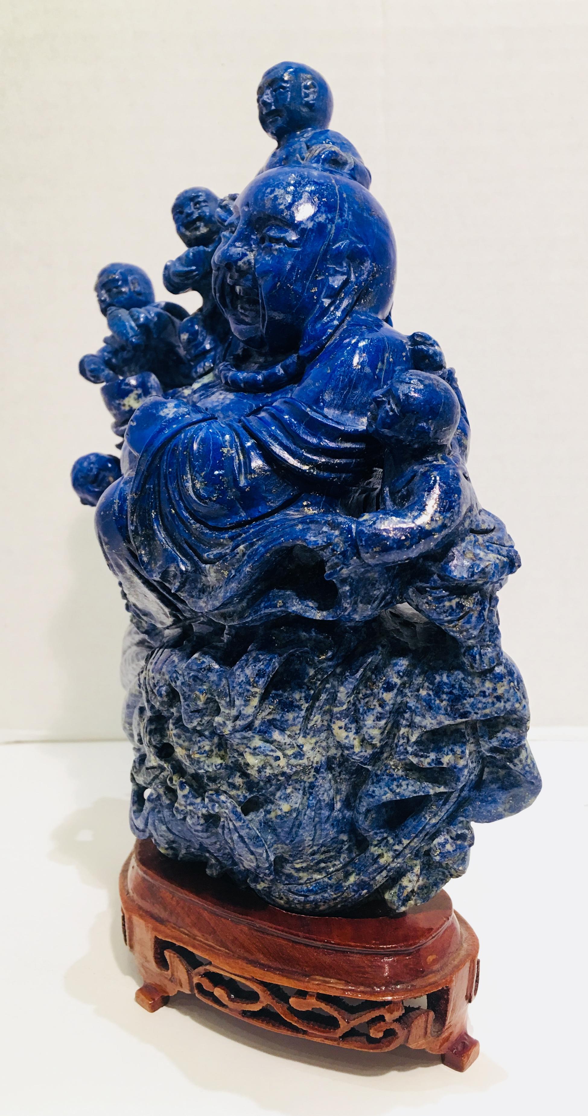 Chinese Laughing Buddha and His Five Children Carved Lapis Lazuli Statue 2