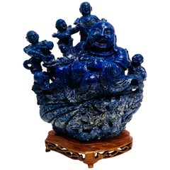 Bouddha rieur chinois et ses cinq enfants Statue sculptée en lapis-lazuli