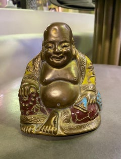 Chinese Laughing Polychrome Hand Painted Sitting Temple Shrine Buddha