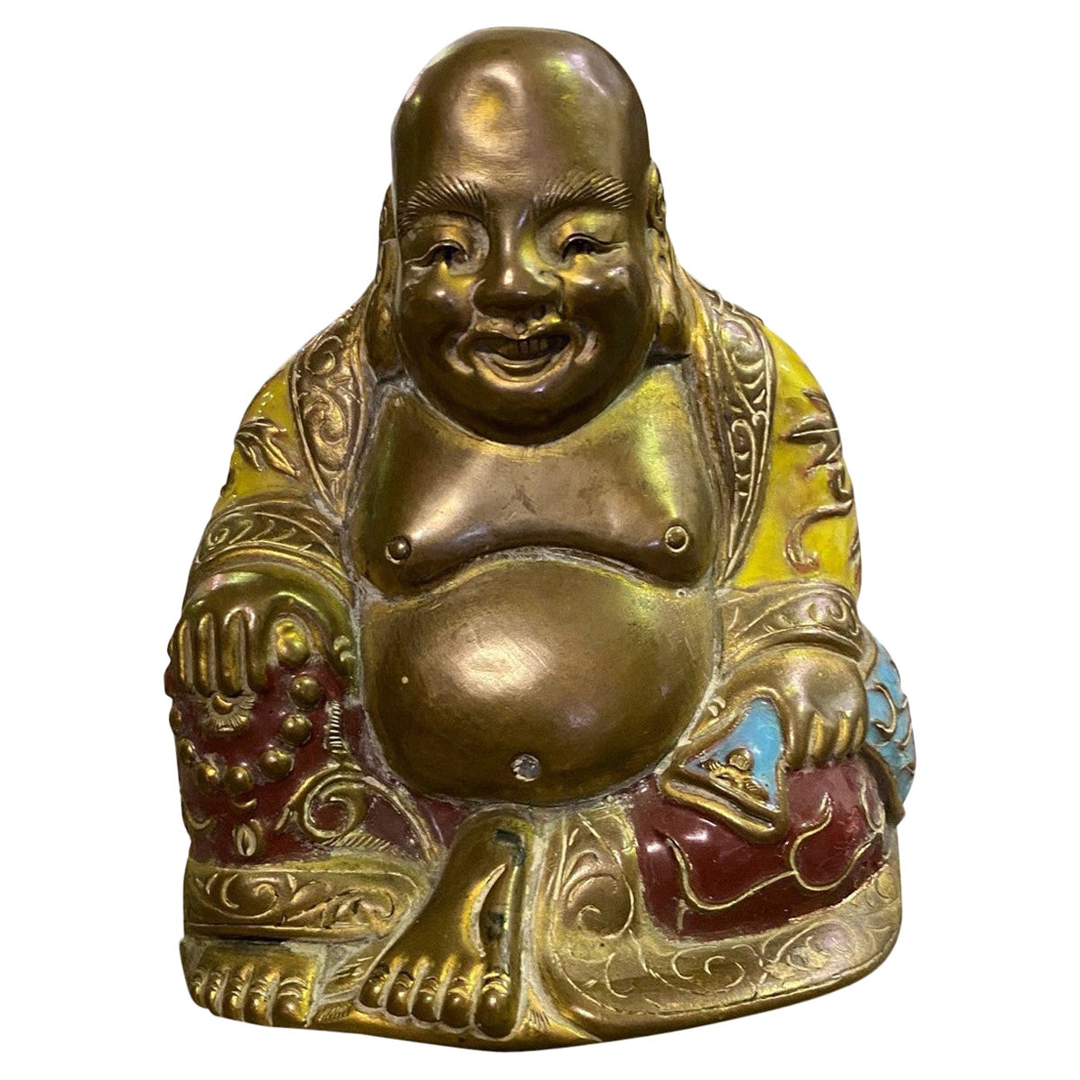 Bouddha chinois riant polychrome peint à la main, assis dans un temple et sanctuaire