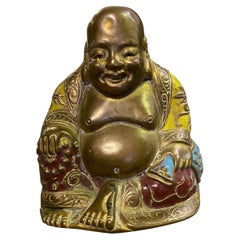 Chinese Laughing Polychrome Hand Painted Sitting Temple Shrine Buddha