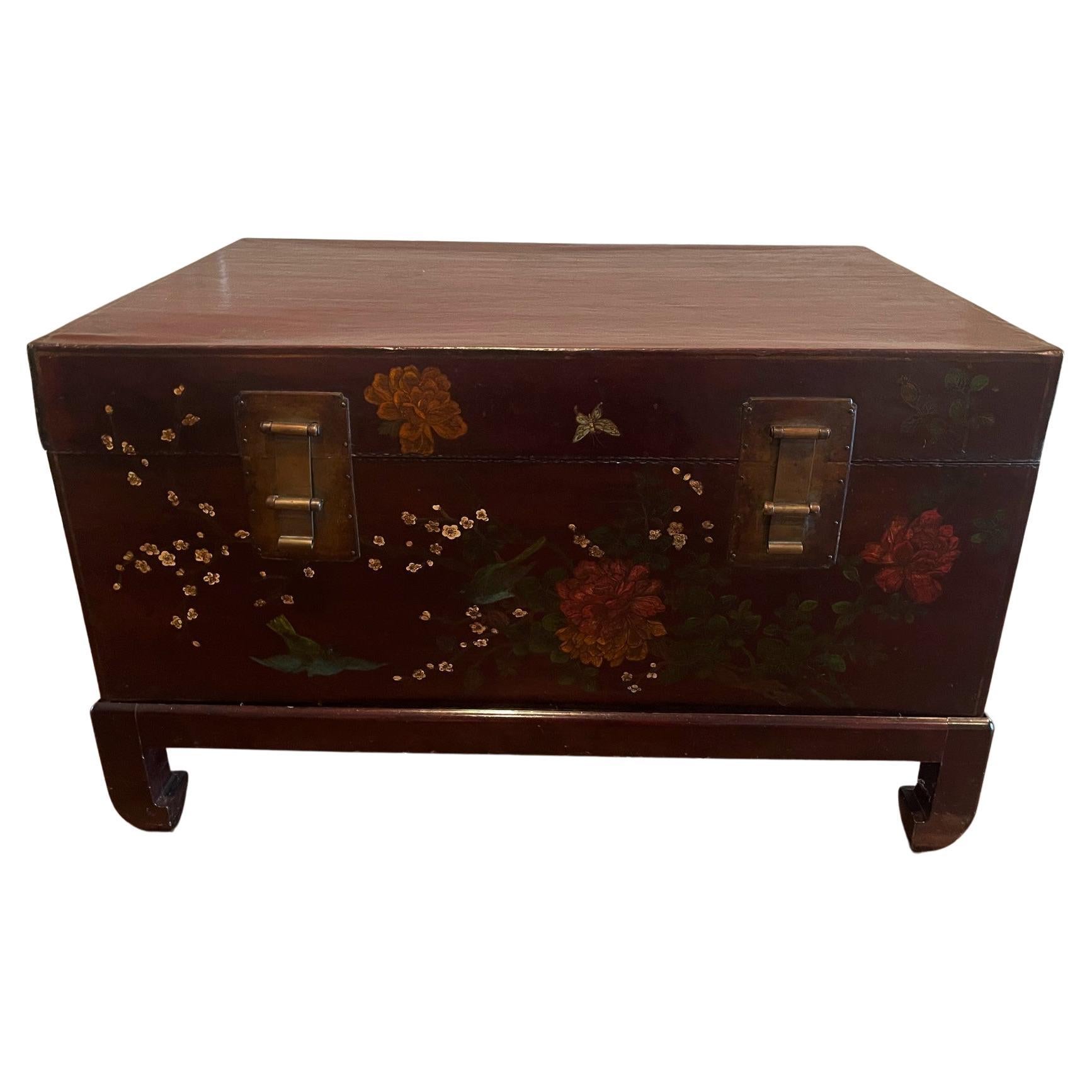 Chinese Leather Trunk with Floral Motif, 18th Century For Sale