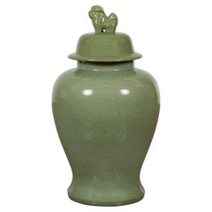 Chinese Lidded Altar Vase with Green Celadon Glaze and Guardian Lion Motif