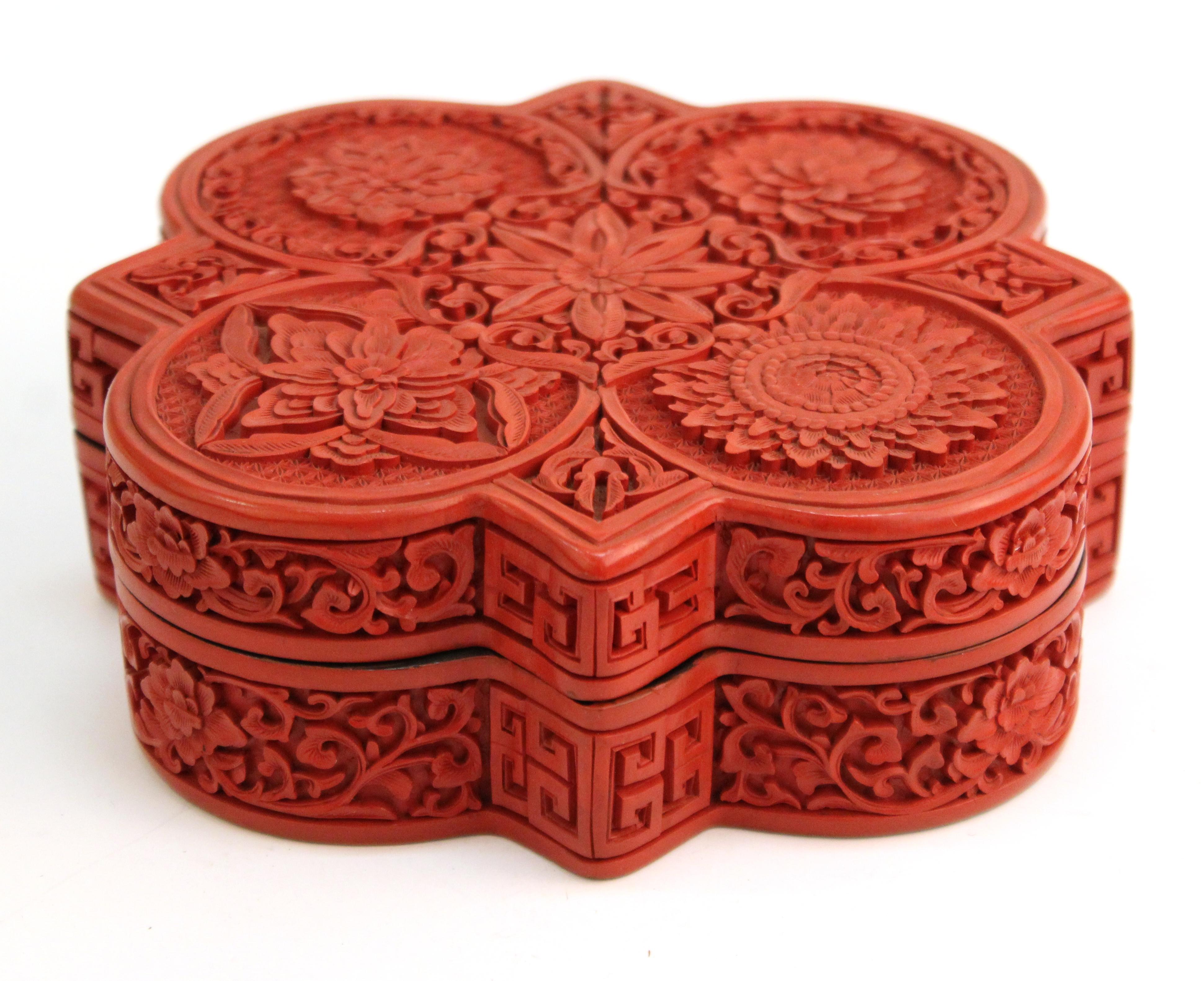 Mid-20th Century Chinese Lidded Cinnabar Box with Five Flower Design