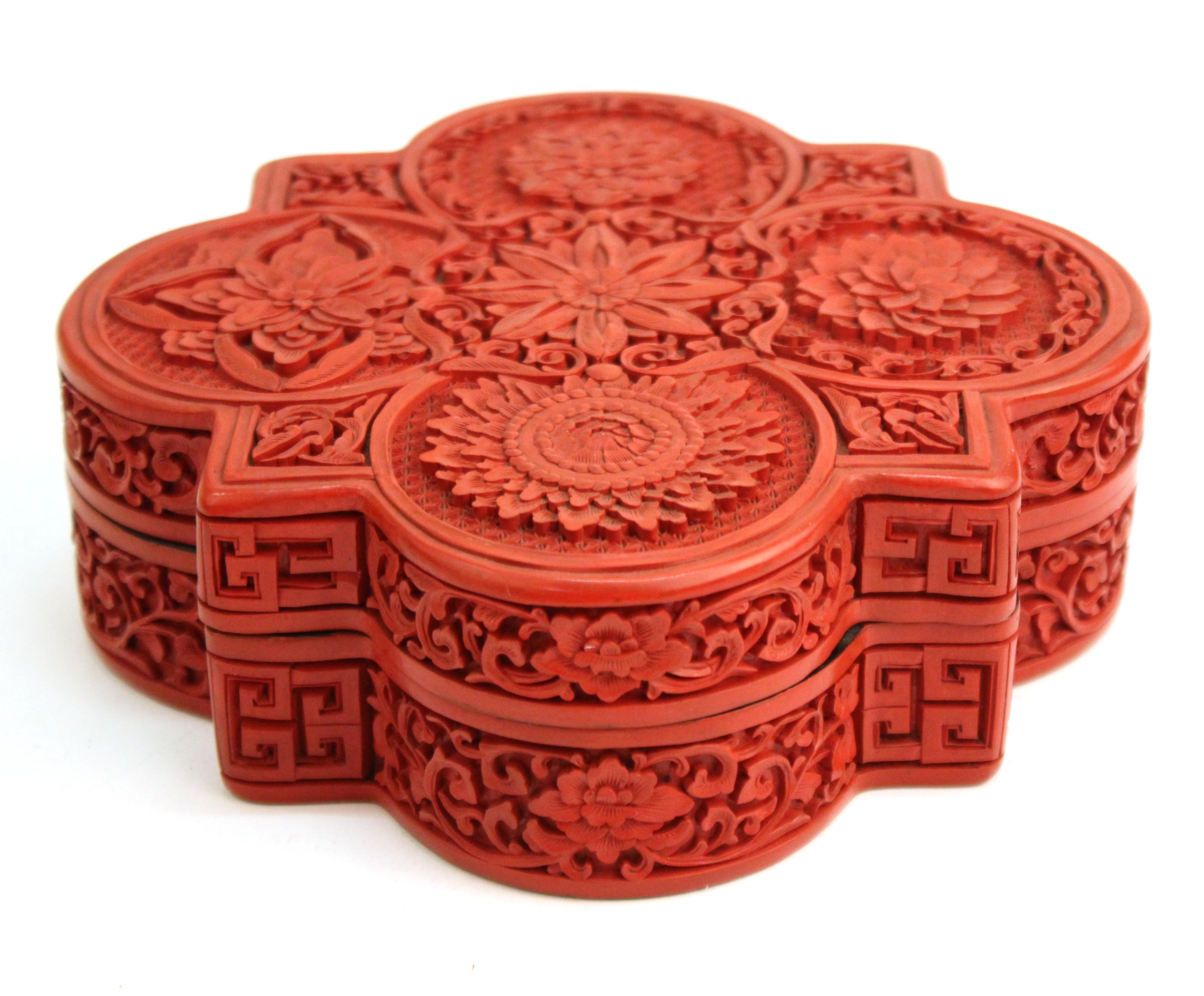 Lacquer Chinese Lidded Cinnabar Box with Five Flower Design