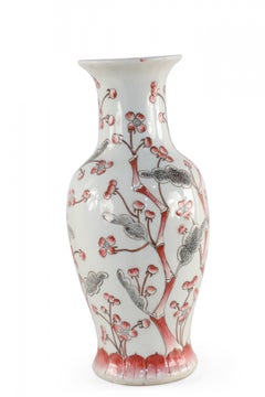 Chinese Light Gray and Red Cherry Blossom Tree Porcelain Vase