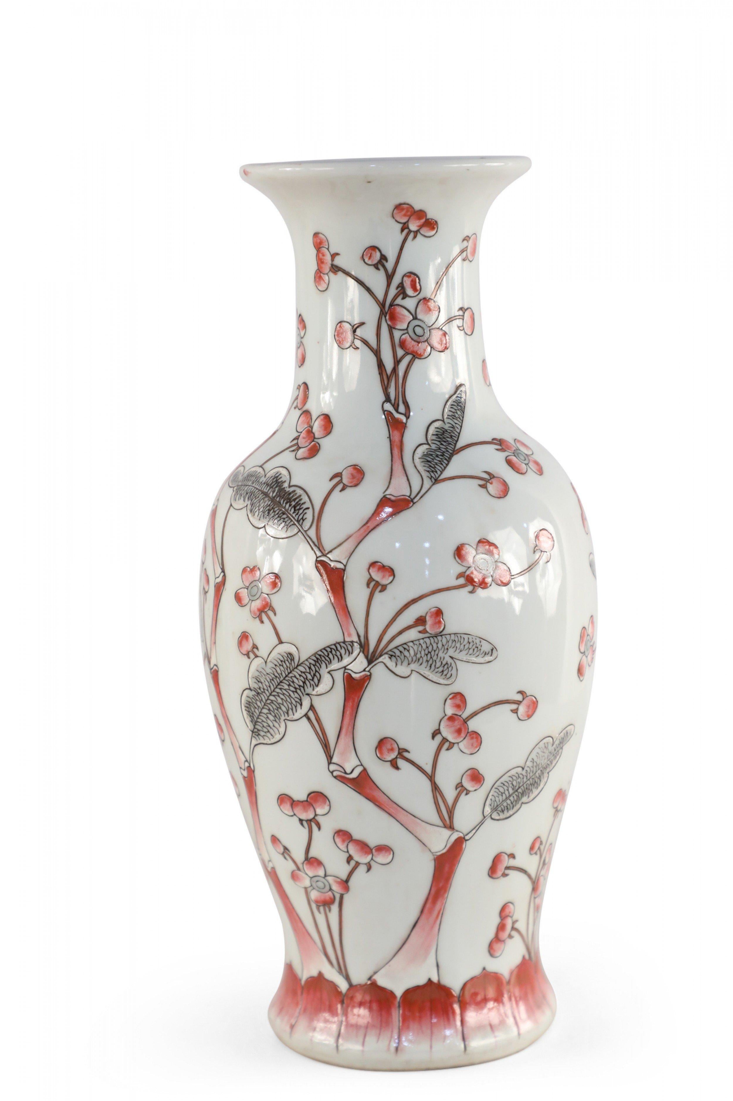 Chinese Export Chinese Light Gray and Red Cherry Blossom Tree Porcelain Vase For Sale