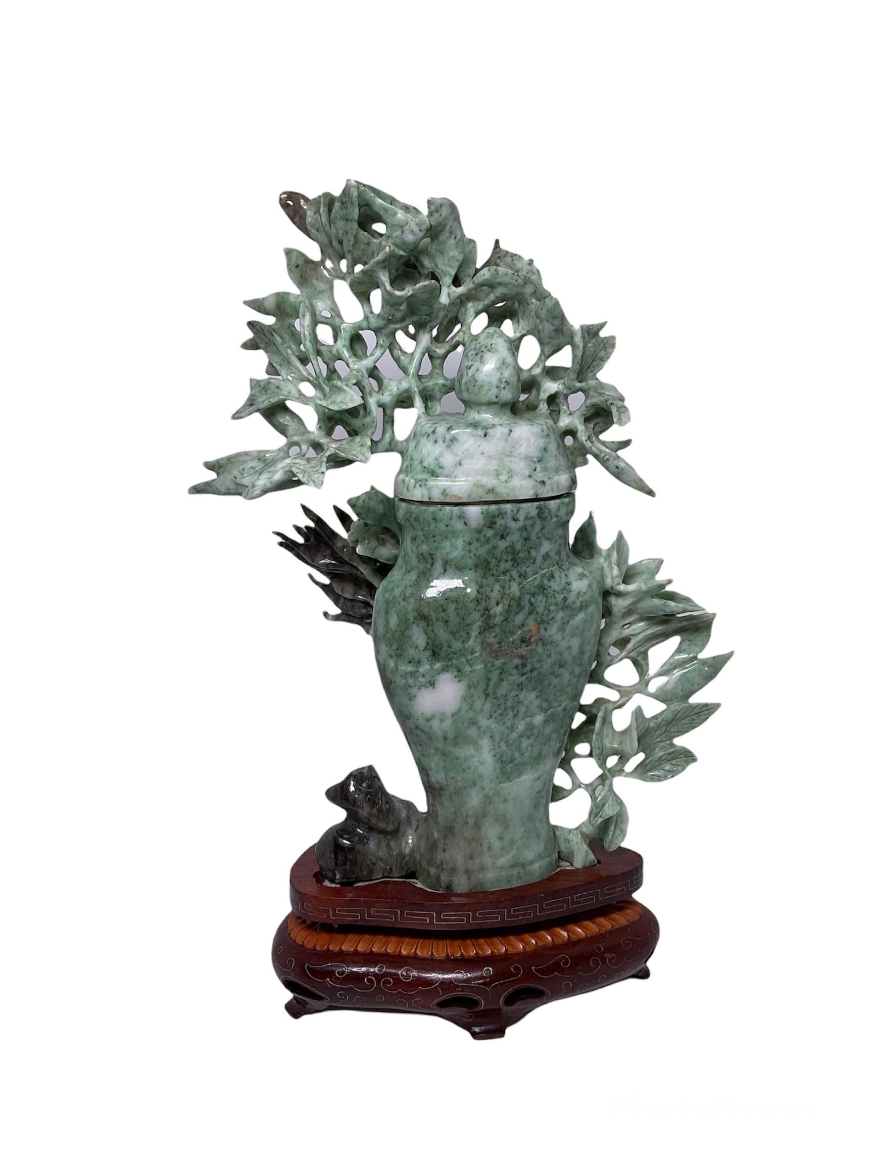 Hand-Crafted Chinese Light Green-Black Jade Lidded Urn For Sale