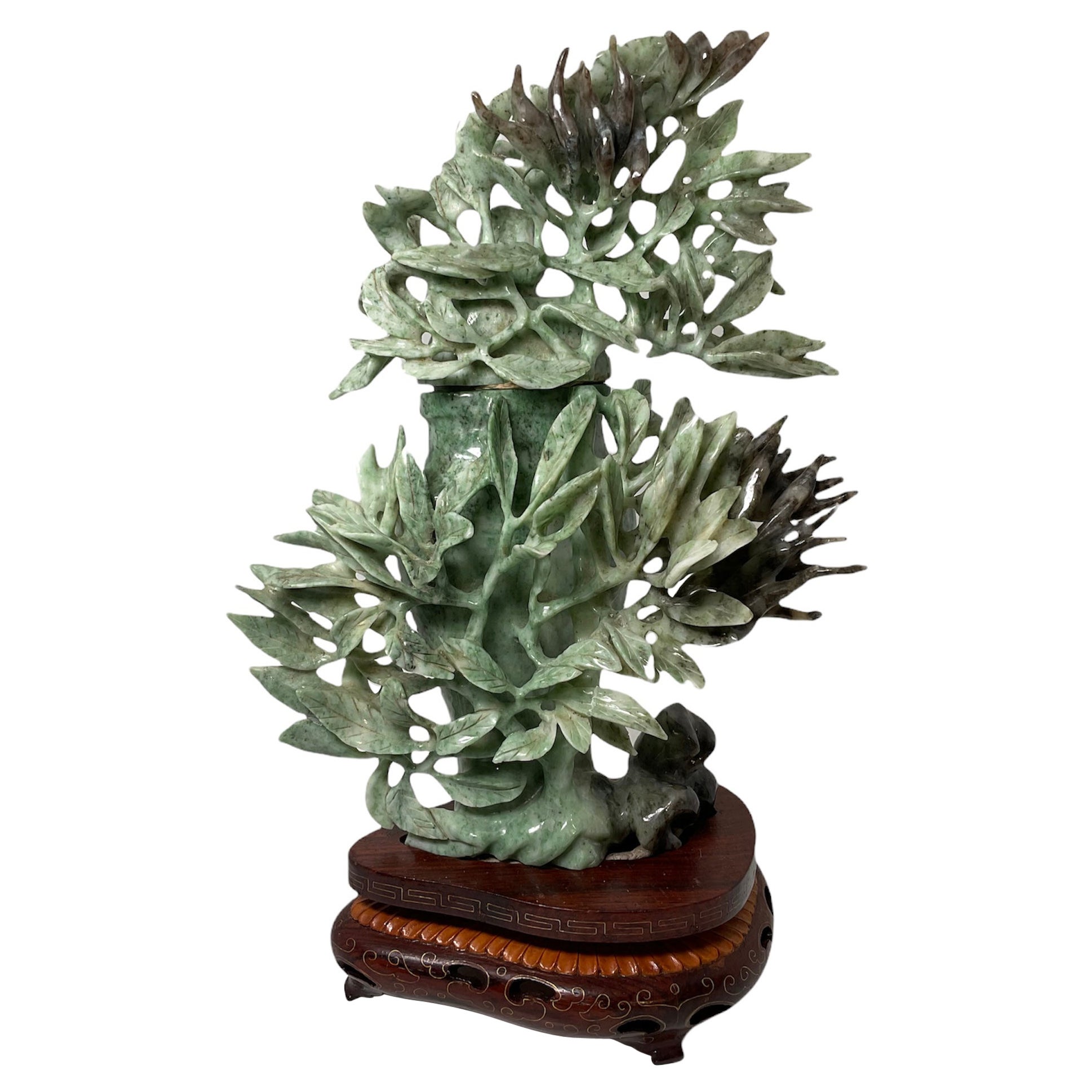 Chinese Light Green-Black Jade Lidded Urn