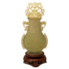 Chinese Light Yellow-Green Stone Lidded Urn