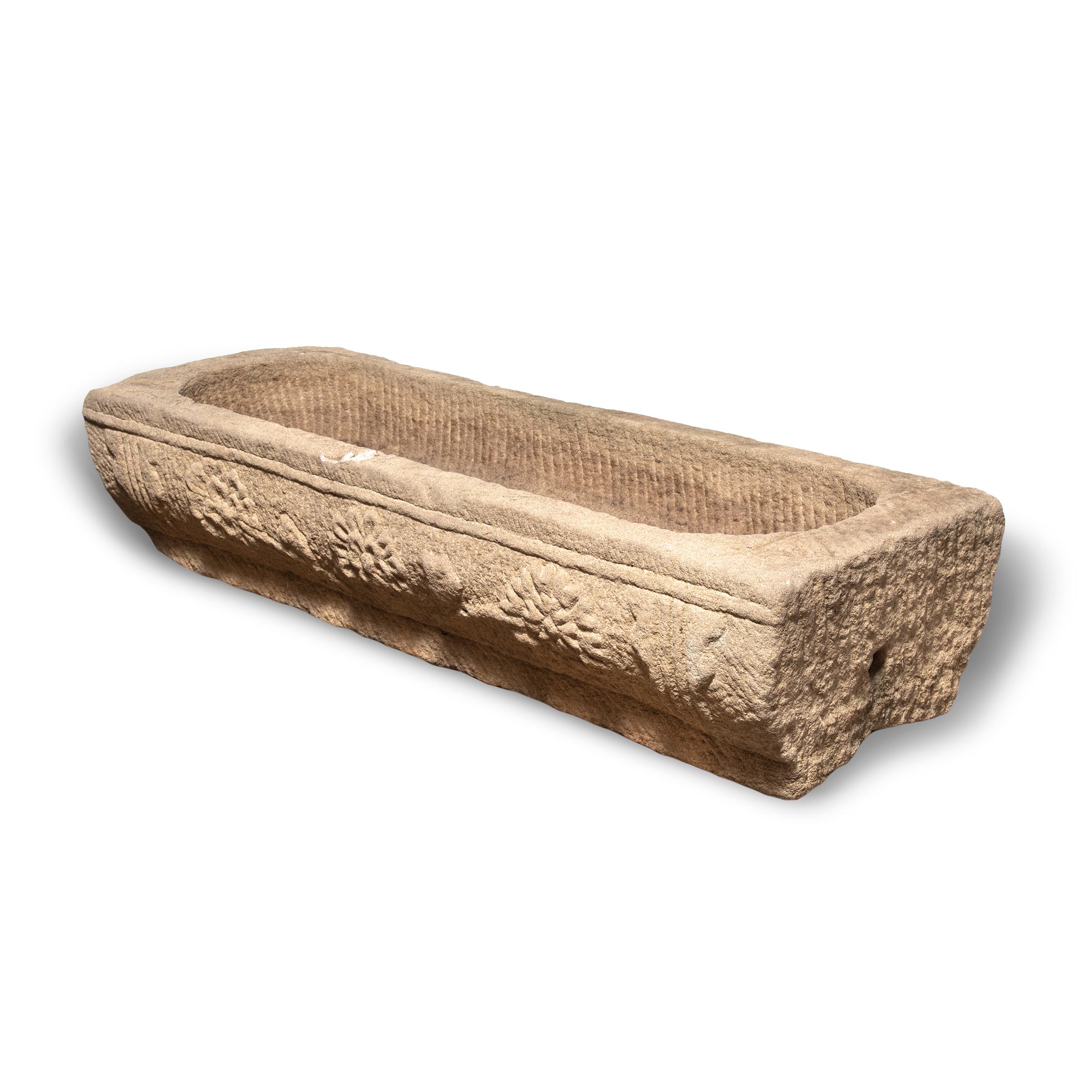 Hand-Carved Chinese Limestone Chrysanthemum Trough, c. 1800 For Sale